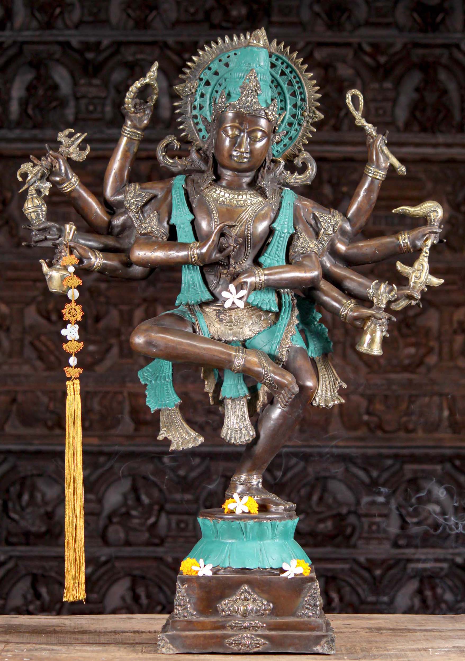 Large Brass Sculpture of Lord Krishna Dancing on Lotus Base in Dharma Chakra Mudra 39"