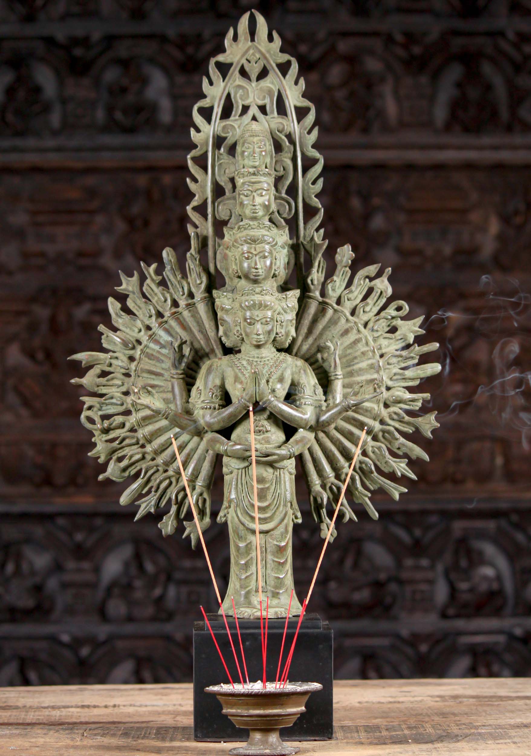 Standing Green Brass 1000 Arm Avalokiteshvara Bodhisattva Statue on Wooden Base 28"