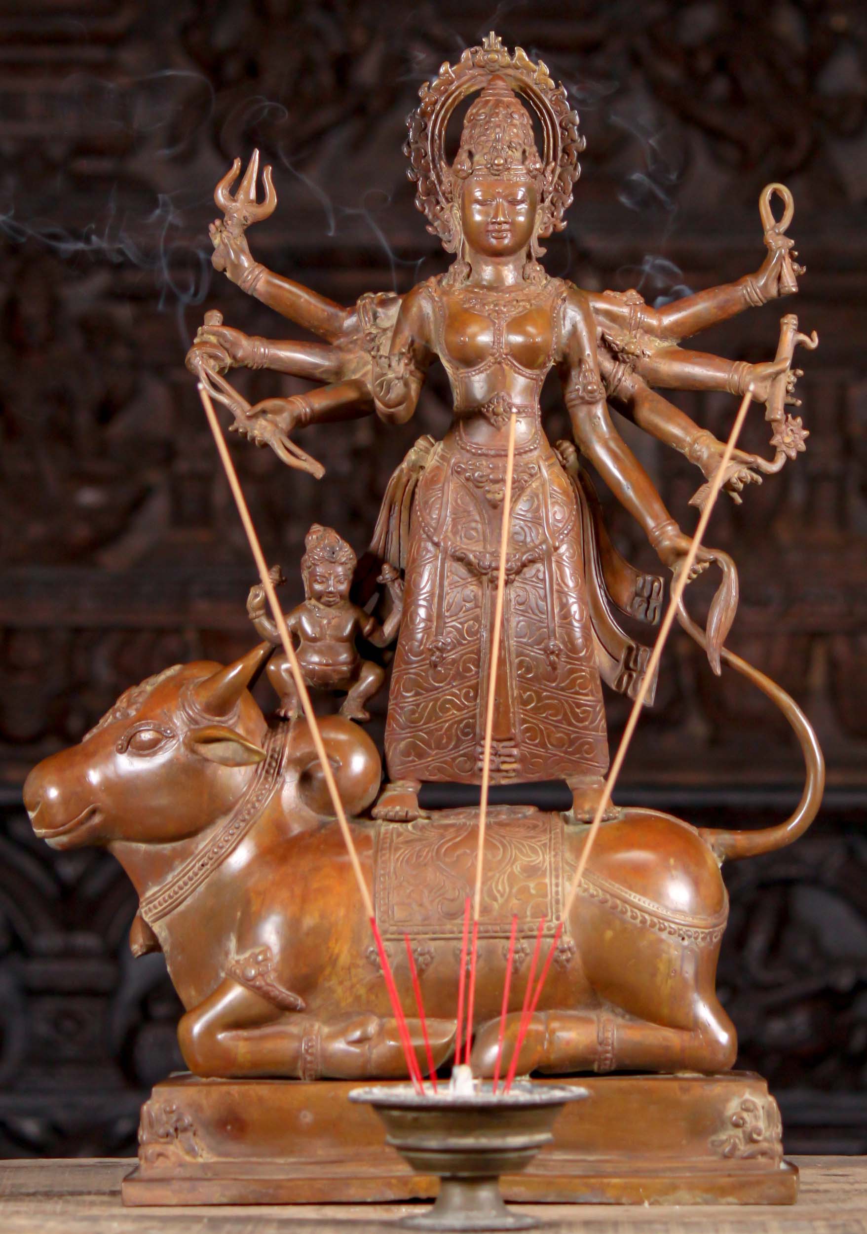 Brass Statue of Hindu Goddess Durga with 8 Arms Standing on Buffalo Demon, Mahishasura 22"