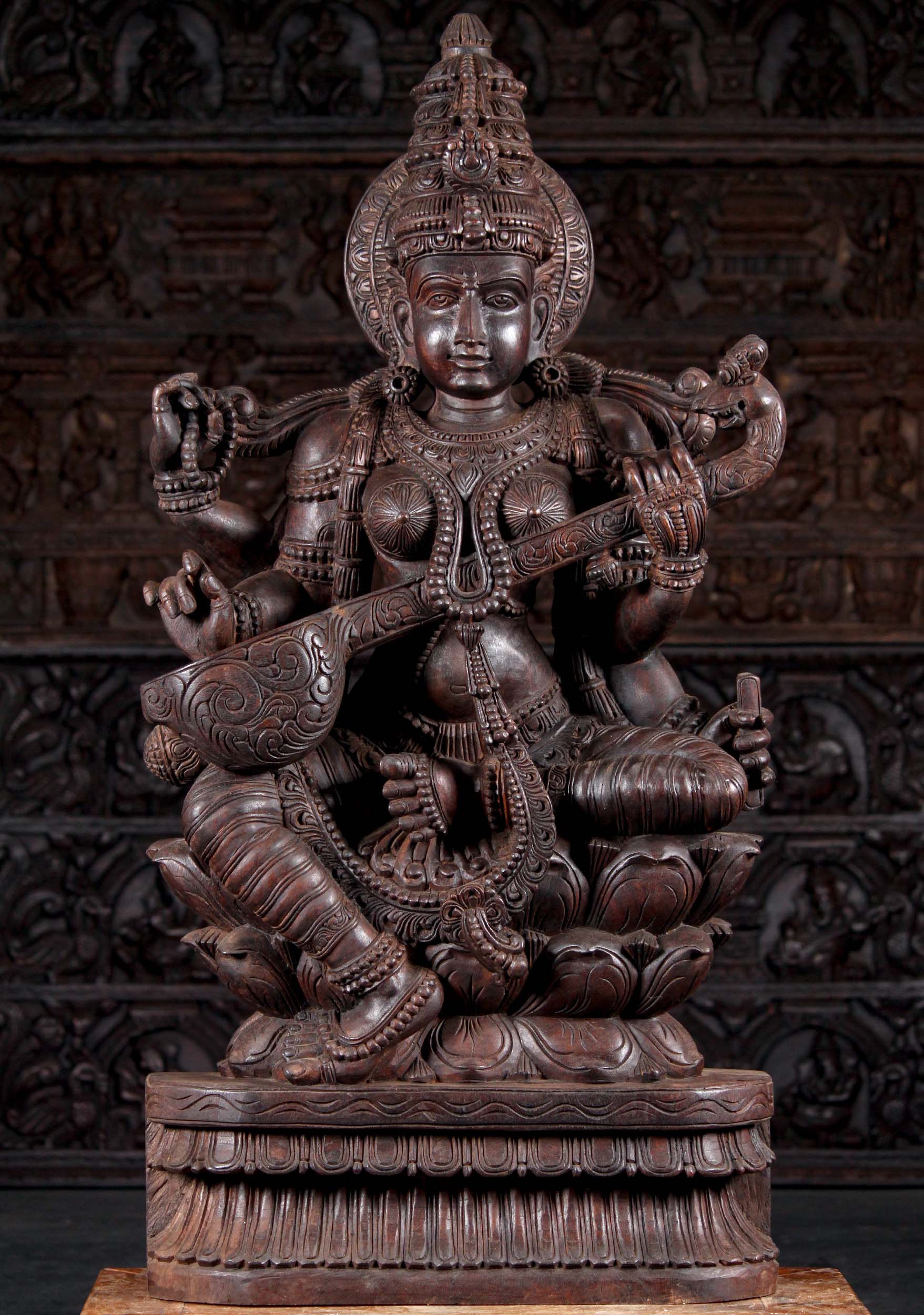 Wooden Hand Carved Hindu Goddess of Wisdom Saraswati Sculpture Playing the Veena 48"