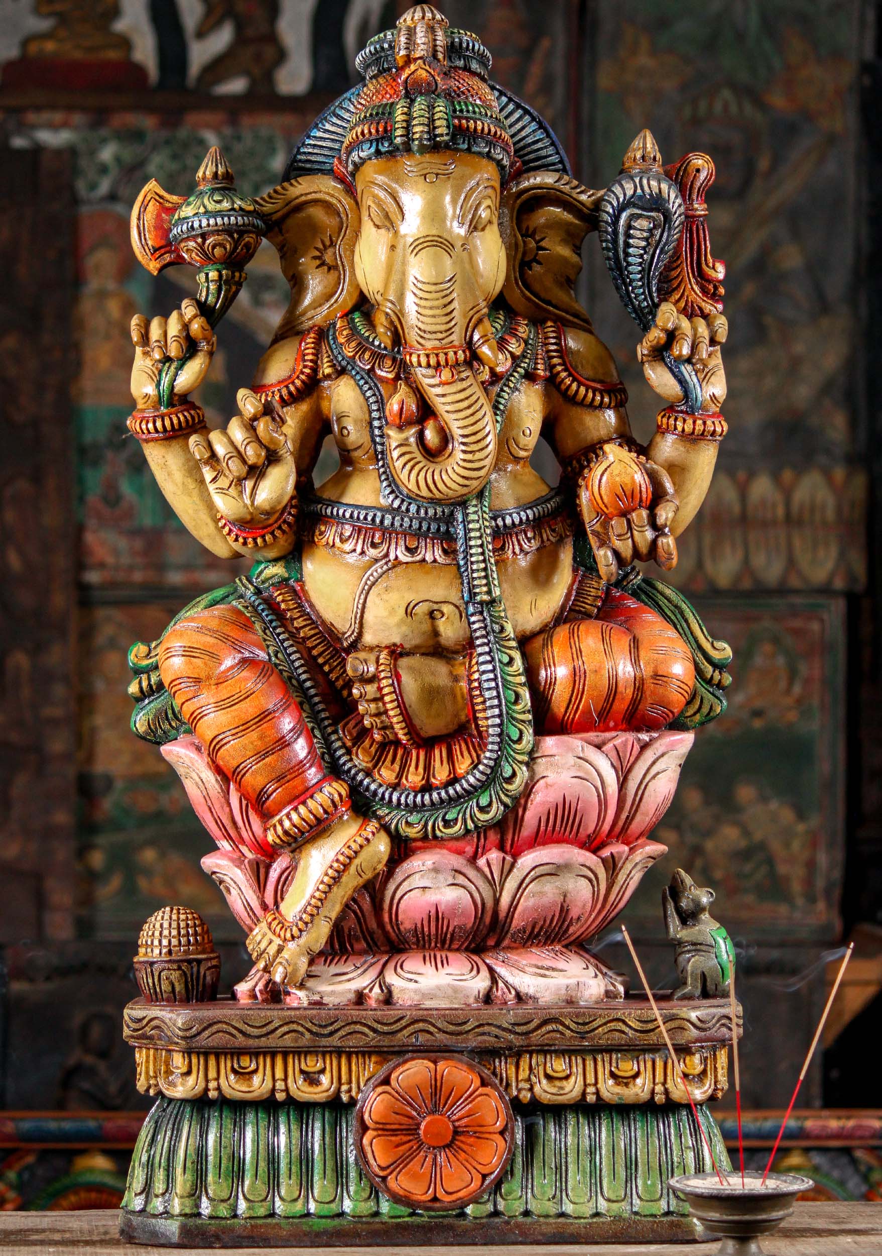 Ganesh Remover of Obstacles Wooden Seated Hand Carved Hindu God Perfect for Home Altar 36"