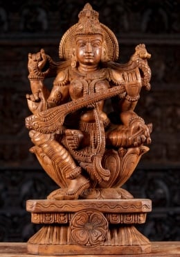 Saraswati Statue 5.75 " Hindu Göttin Weiß Marmor Lackierung Harz Sitzende Deity 