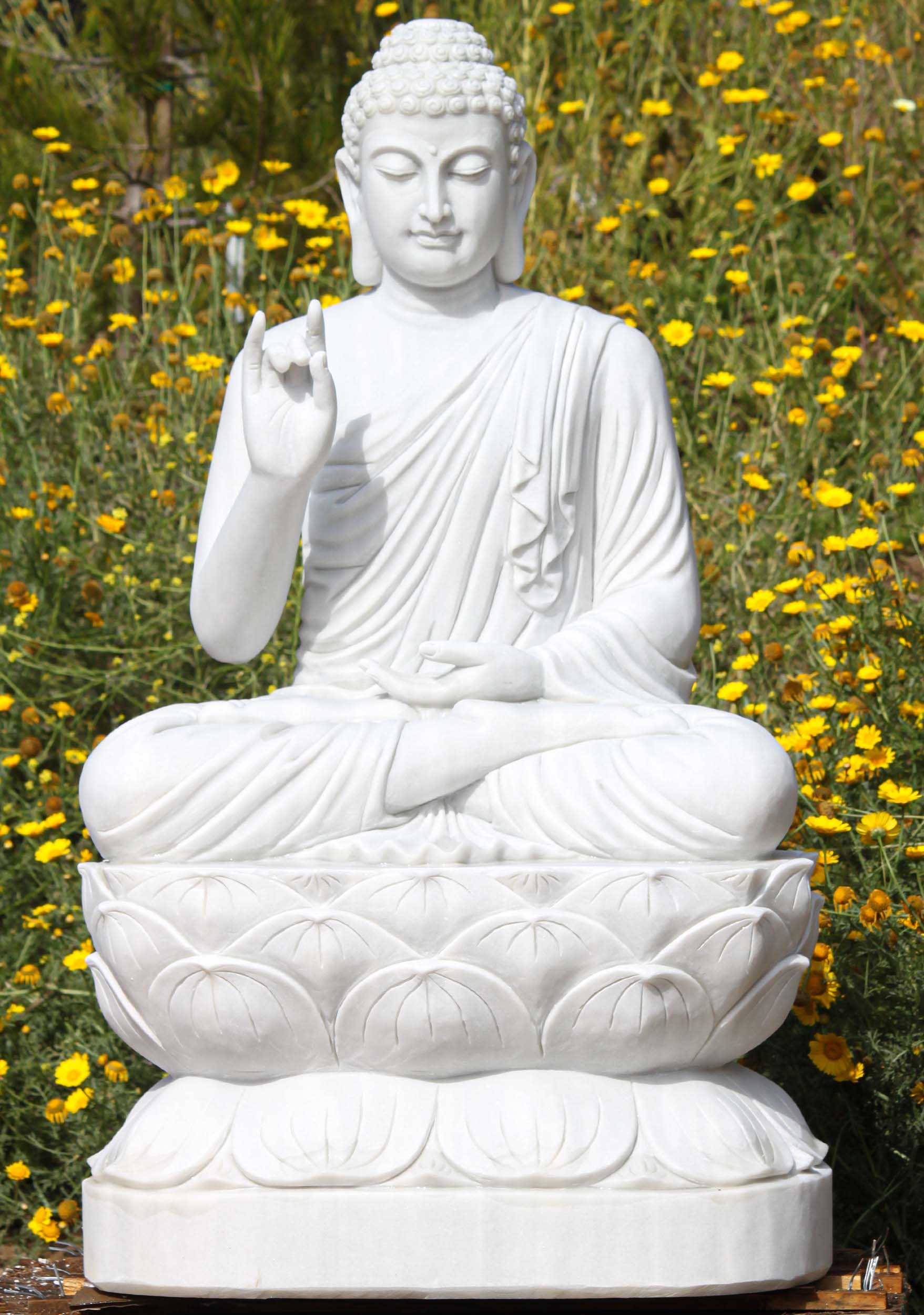 Buddha Garden Statue White Marble Statue Seated in Full Lotus in Karana & Dhyana Mudras 48"