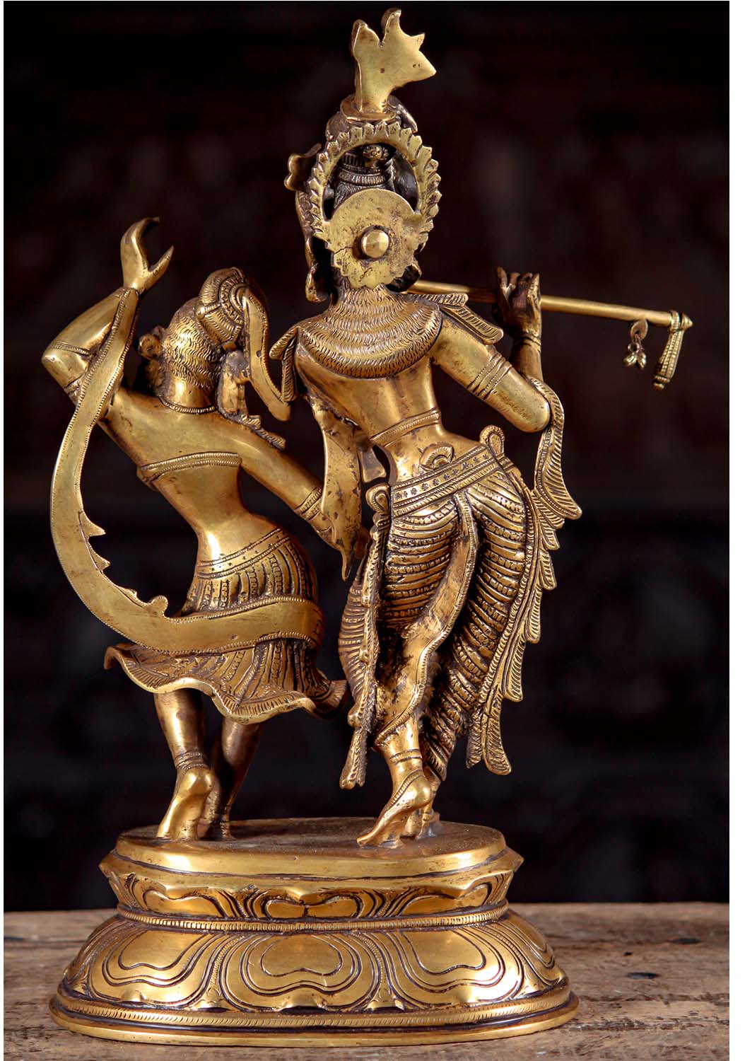 Gopal Krishna Statue Playing the Flute with His Beloved Radha Dancing to His Melodies Brass 17"