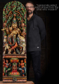 Tall Wooden Panel Painted Krishna Statue Playing the Flute Under Lush Canopy with Cow 60"