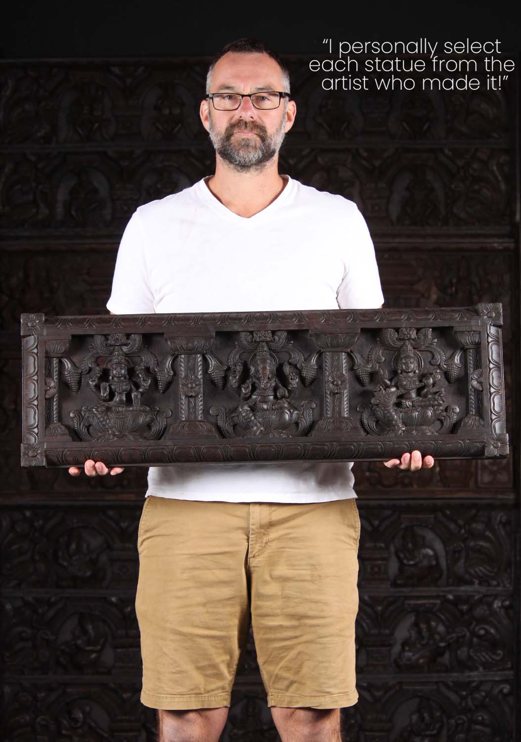 Horizontal Wood Panel Carving of Hindu Gods Ganesh, Lakshmi, & Saraswati Sculpture 36"