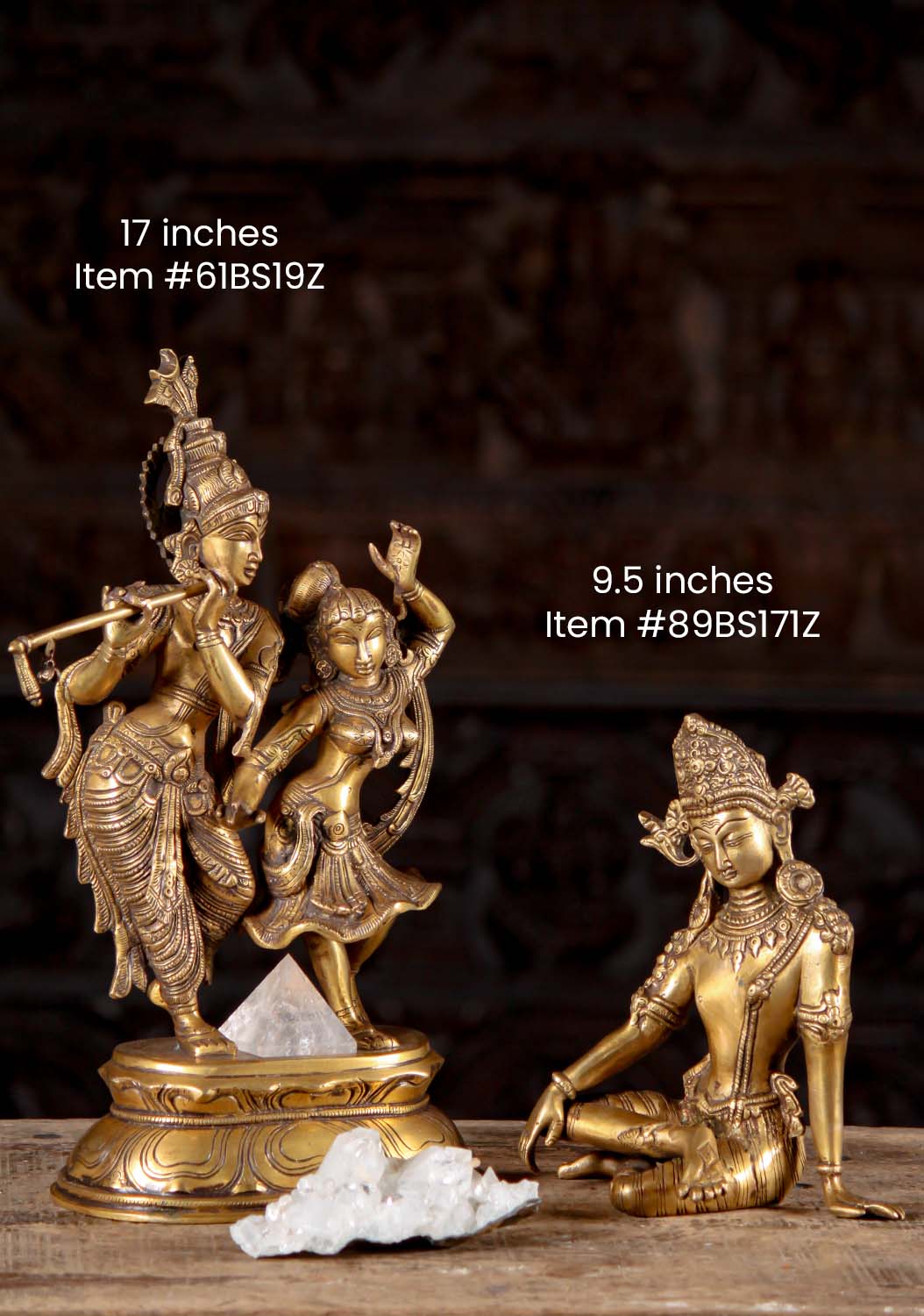 Gopal Krishna Statue Playing the Flute with His Beloved Radha Dancing to His Melodies Brass 17"