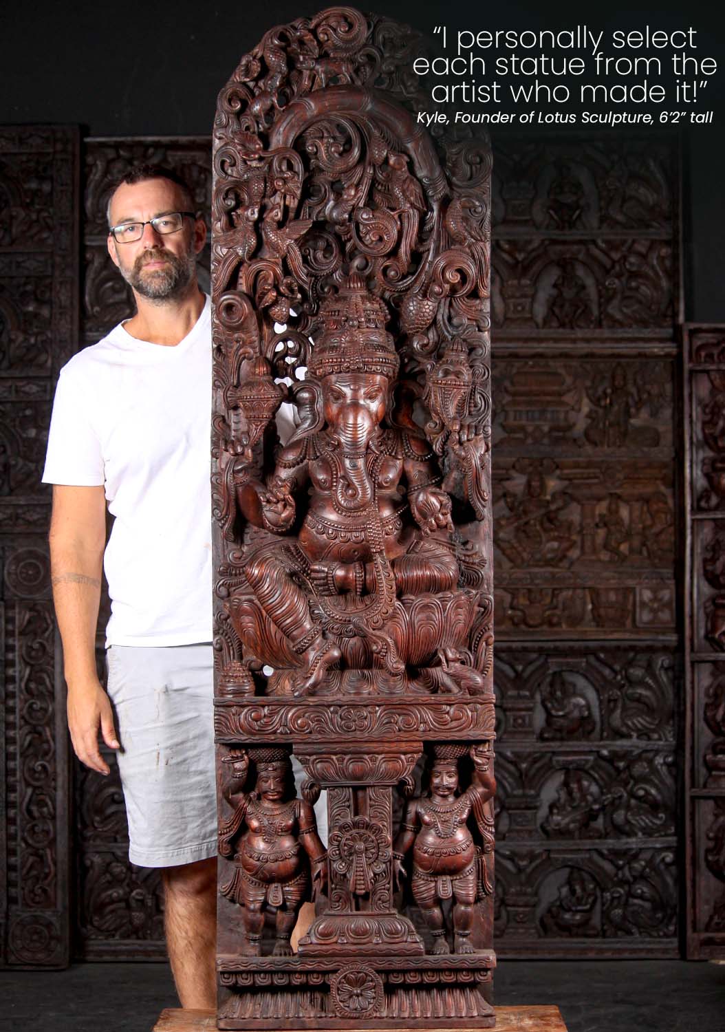 Hand Carved Wooden Ganesha Remover of Obstacles Seated Beneath Lush Canopy Sculpture 72"