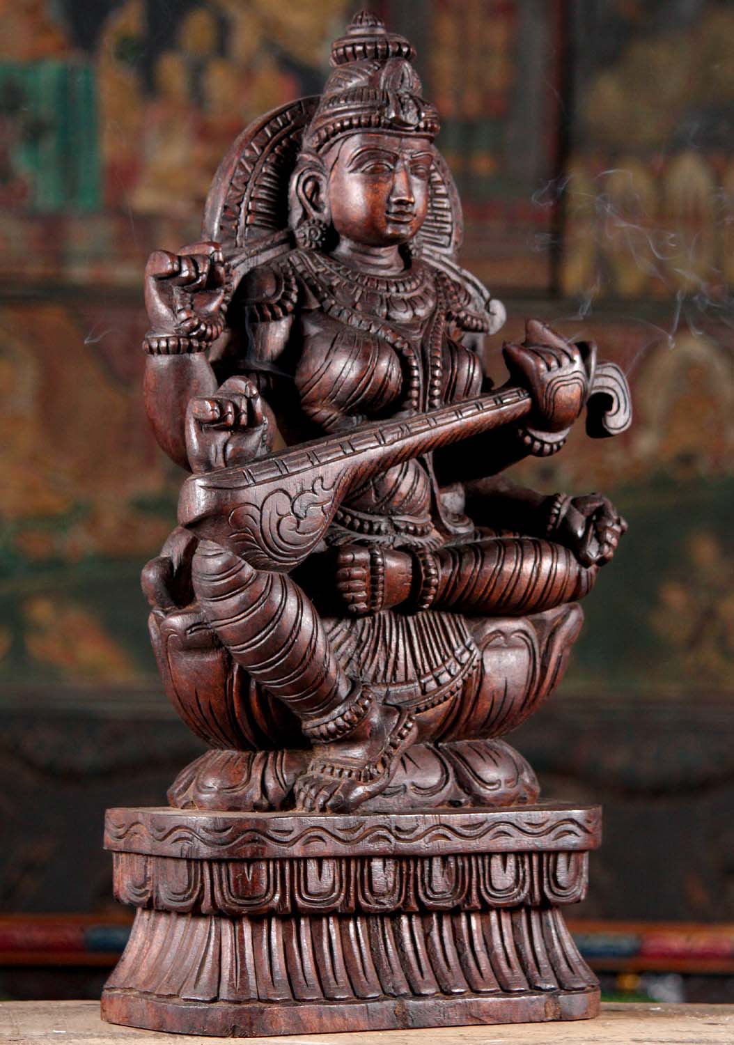 Wood Saraswati Sculpture with Four Arms on a Lotus Base Playing the Veena Statue 24"