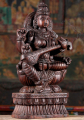 Wood Saraswati Sculpture with Four Arms on a Lotus Base Playing the Veena Statue 24"