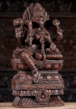 Wooden Hindu Goddess Shakti Statue Seated on Double Lotus Base with Trident, Drum, & Knife 24"