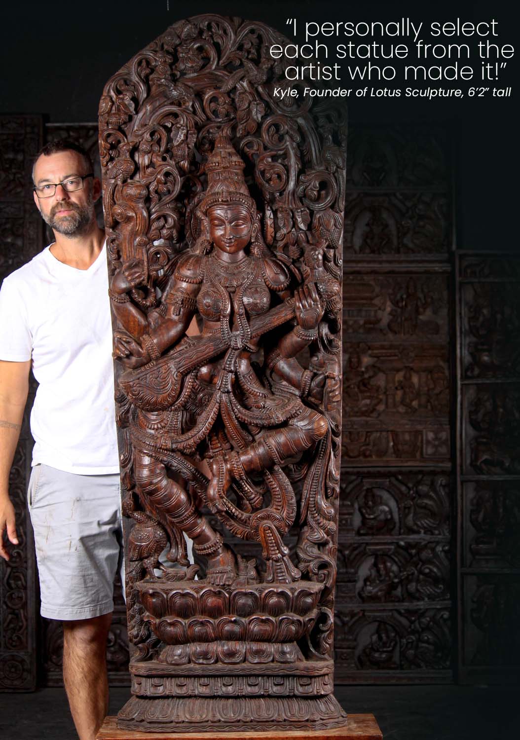 Large Wood Hindu Goddess of Wisdom Saraswati Playing Veena on Double Lotus Base under Canopy  72"