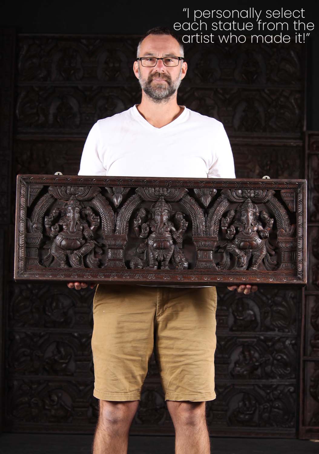 Wood Panel of Three Forms of Standing Lord Ganesha Under Mahakala Arches Sculpture 38"x14