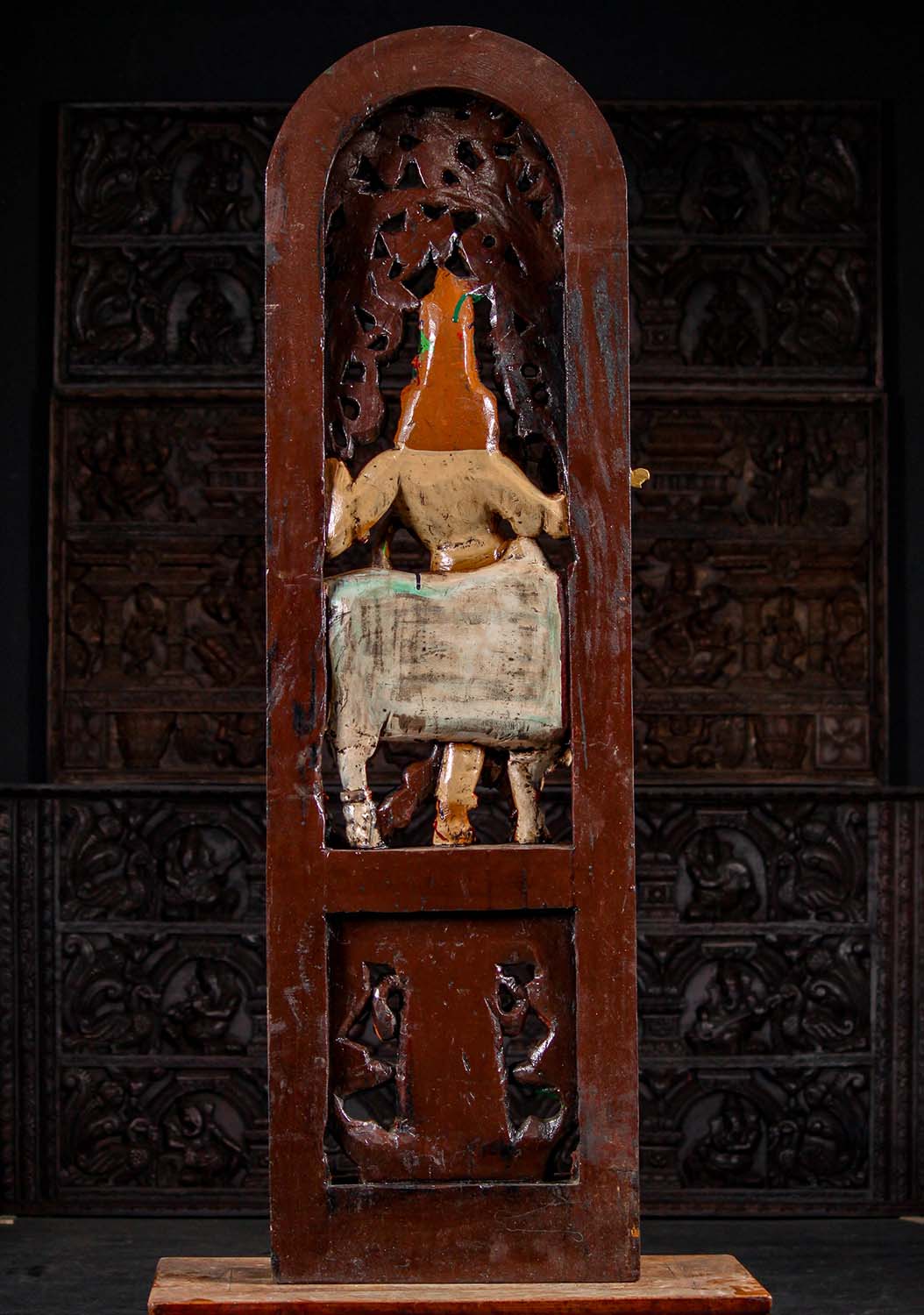 Tall Wooden Panel Painted Krishna Statue Playing the Flute Under Lush Canopy with Cow 60"