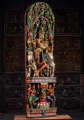 Tall Wooden Panel Painted Krishna Statue Playing the Flute Under Lush Canopy with Cow 60"
