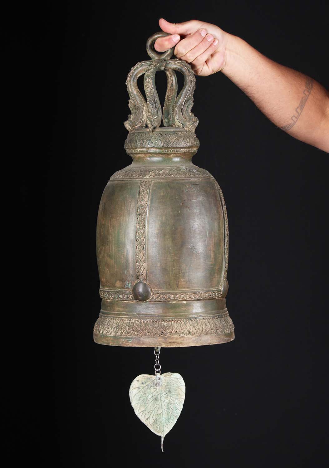 Large Thai Temple Bell with Bodhi Leaf Signifying Lord Buddha Attaining Enlightenment 22"