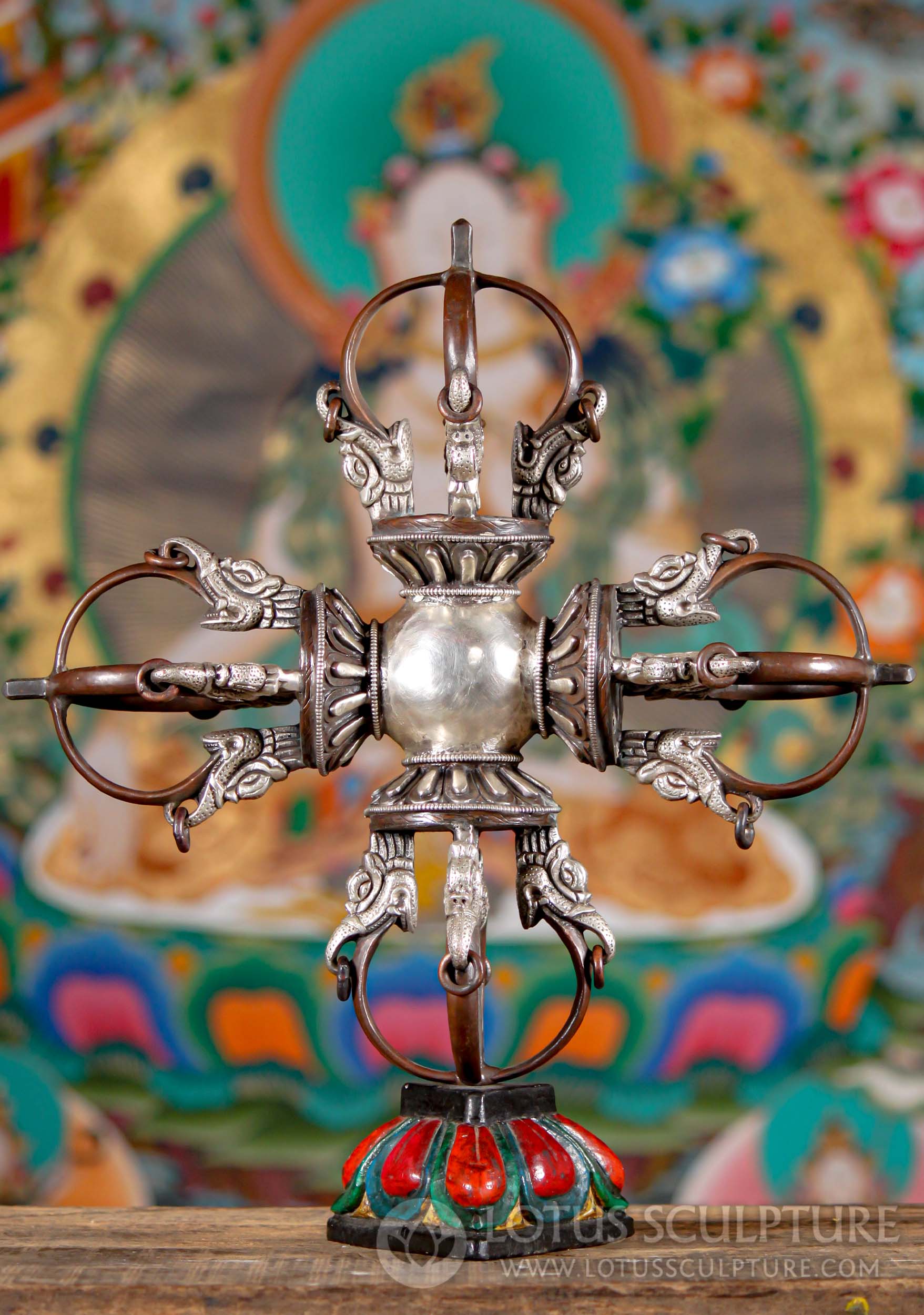 Silver Plated Copper Vishvavajra, Double Dorje with Stand "Destroyer of Ignorance" 15.5"