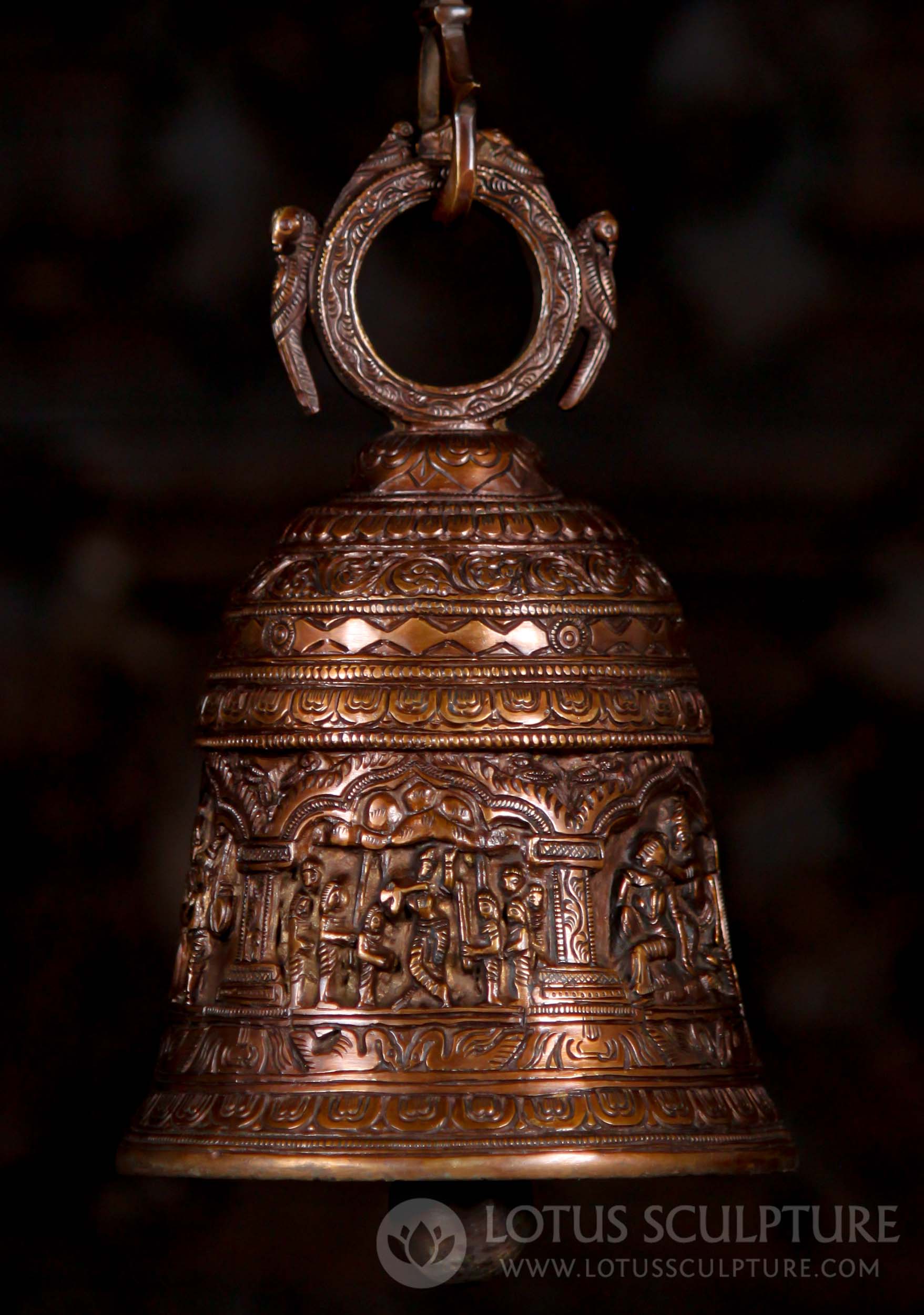 Krishna Hindu Puja Bell Depicting 5 Scenes of the Life of Lord Krishna With 4 Peacocks Brass 34"