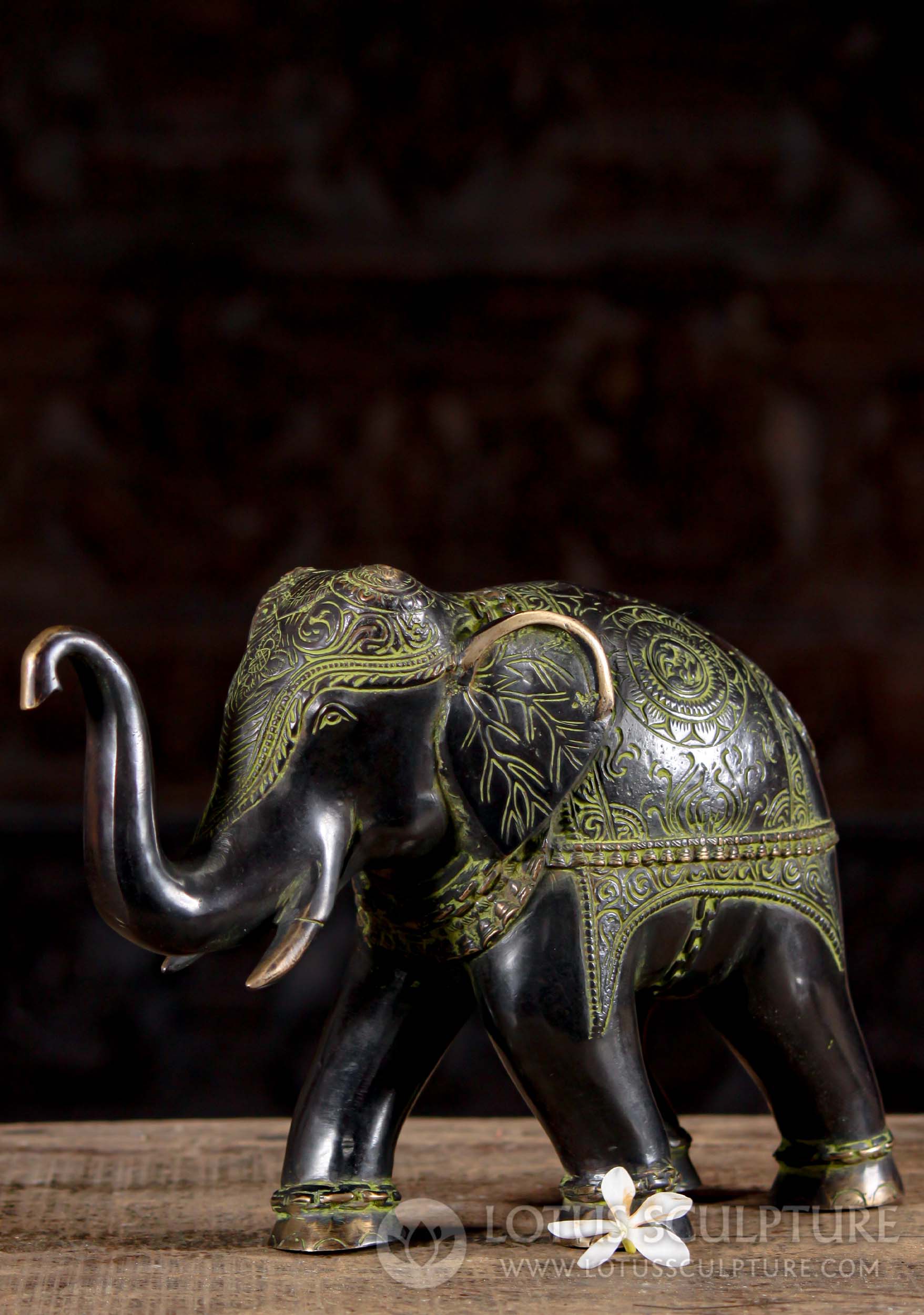 Brass Indian Elephant Statue with Decorations on Trunk & Head with Trunk  Raised for Good Luck 8