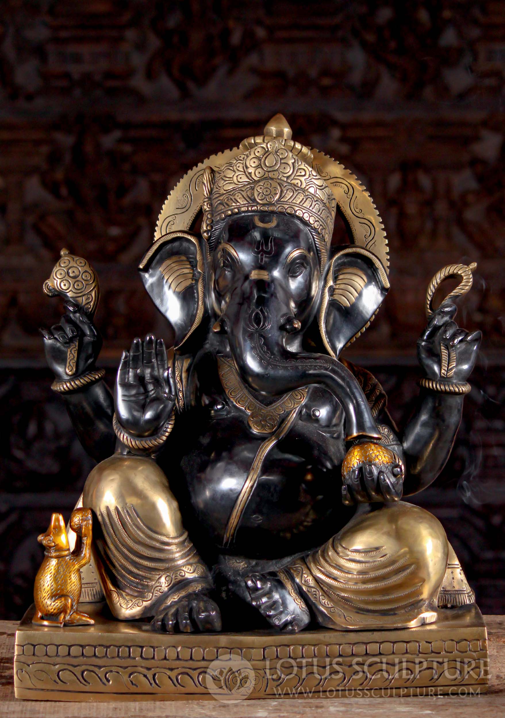 Finely Detailed Seated Brass Ganesh Statue in Abhaya Mudra of Protection with Mooshika 19"