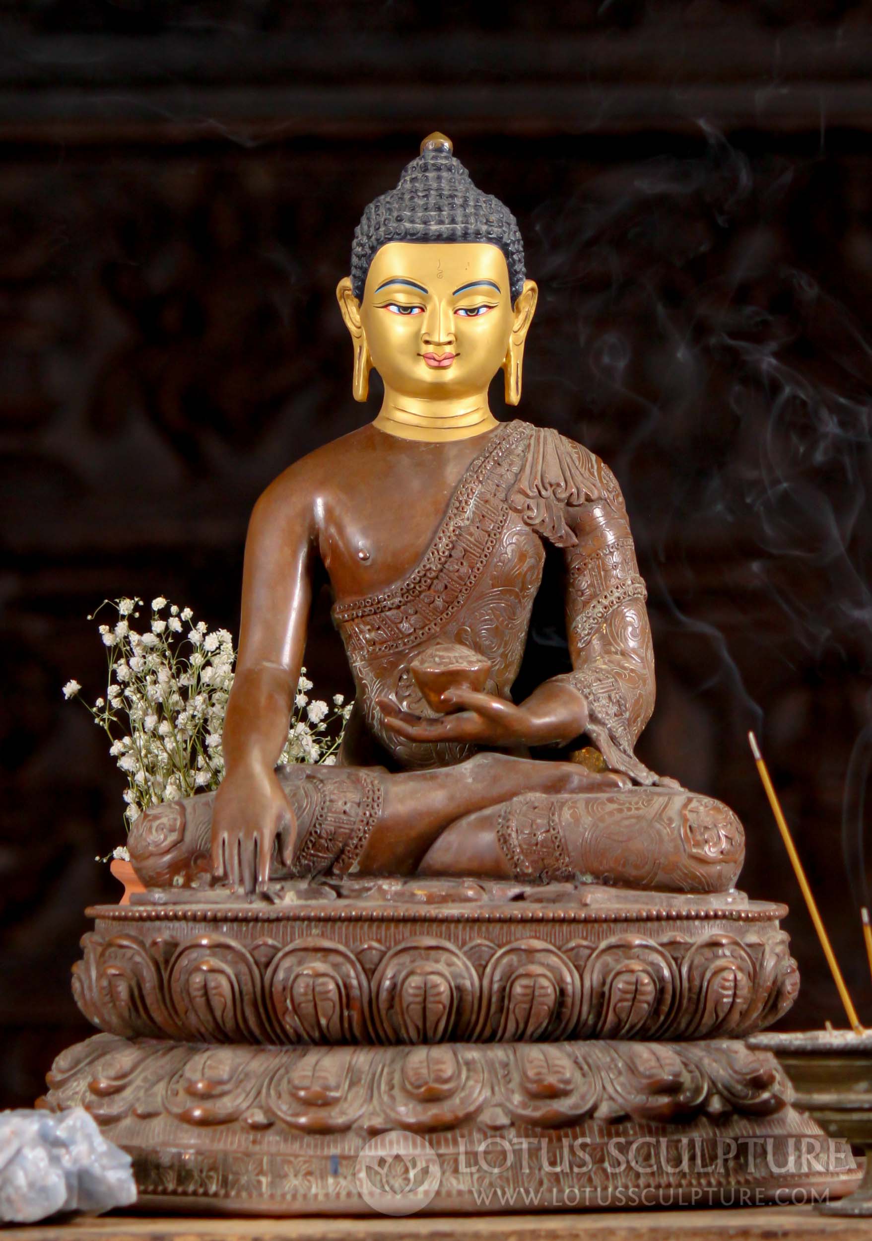 Nepali Copper Earth Touching Buddha Statue with Gold Face Wearing Brocade Robes 15"