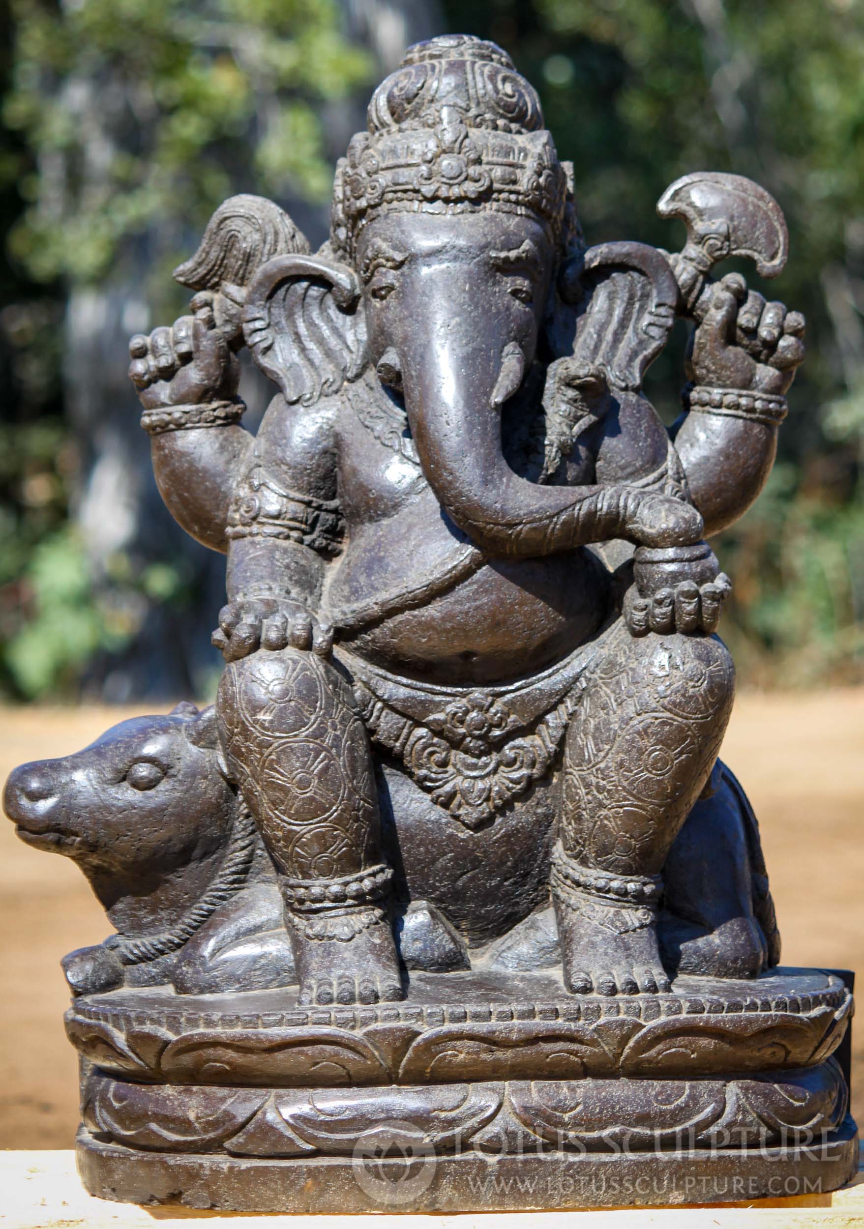 Lava Stone Hindu God Ganesha Seated on Shiva's Vehicle Nandi Garden Sculpture 31"