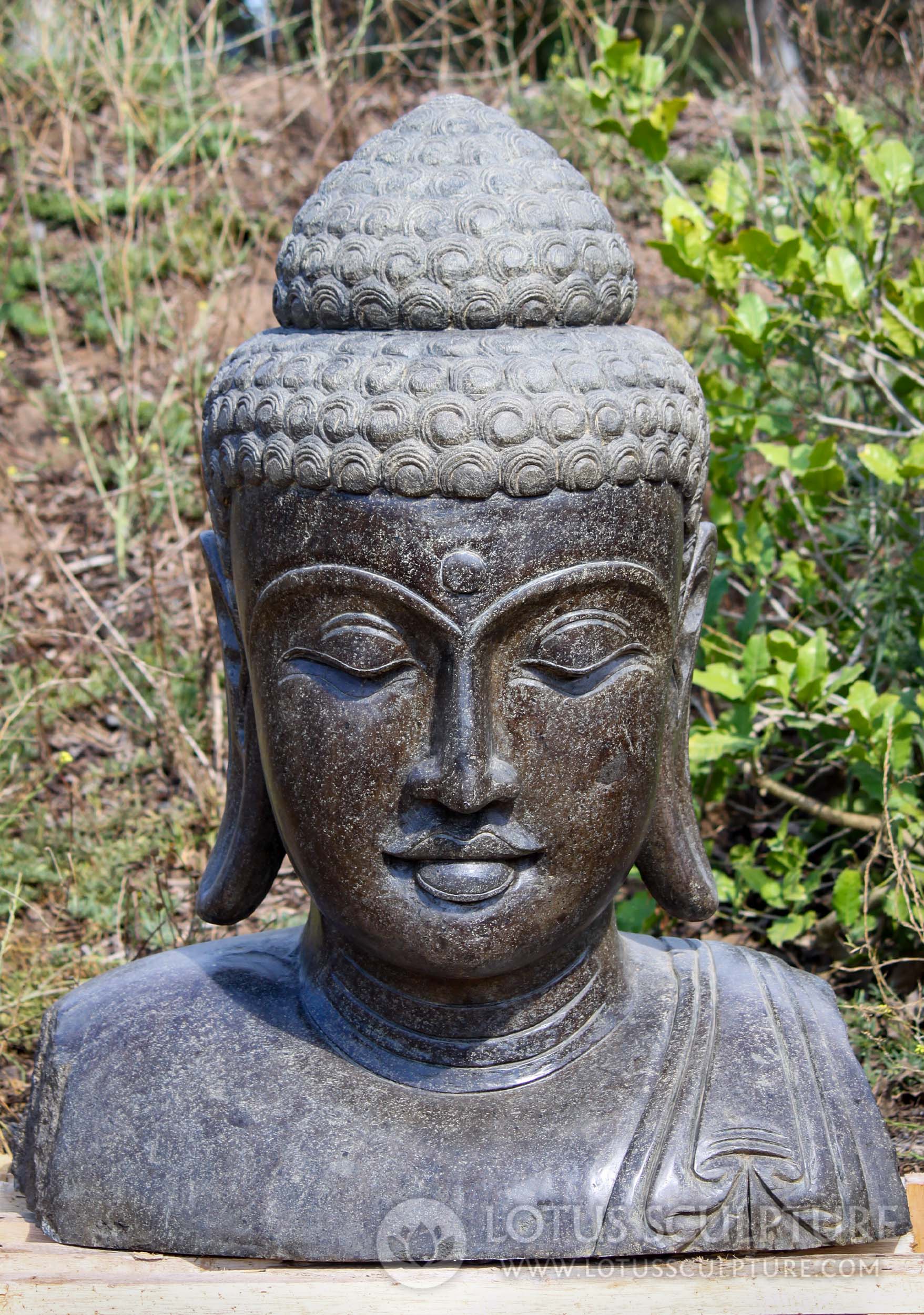 Stunning Stone Carved Peaceful Buddha Bust with Urna Third Eye Sculpture 40"