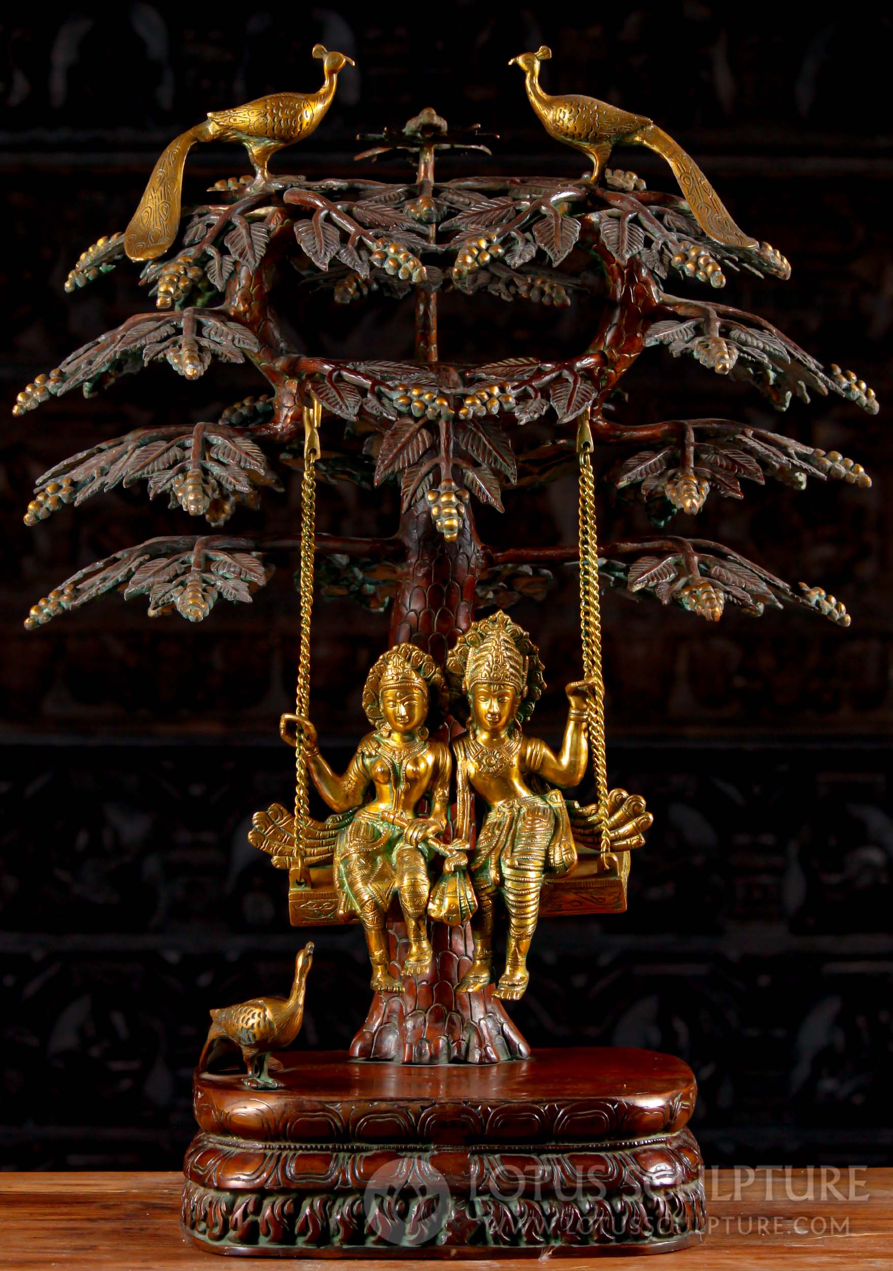 Indian Brass Radha Krishna in Loving Embrace Statue Seated on Swing with Peacock 34"