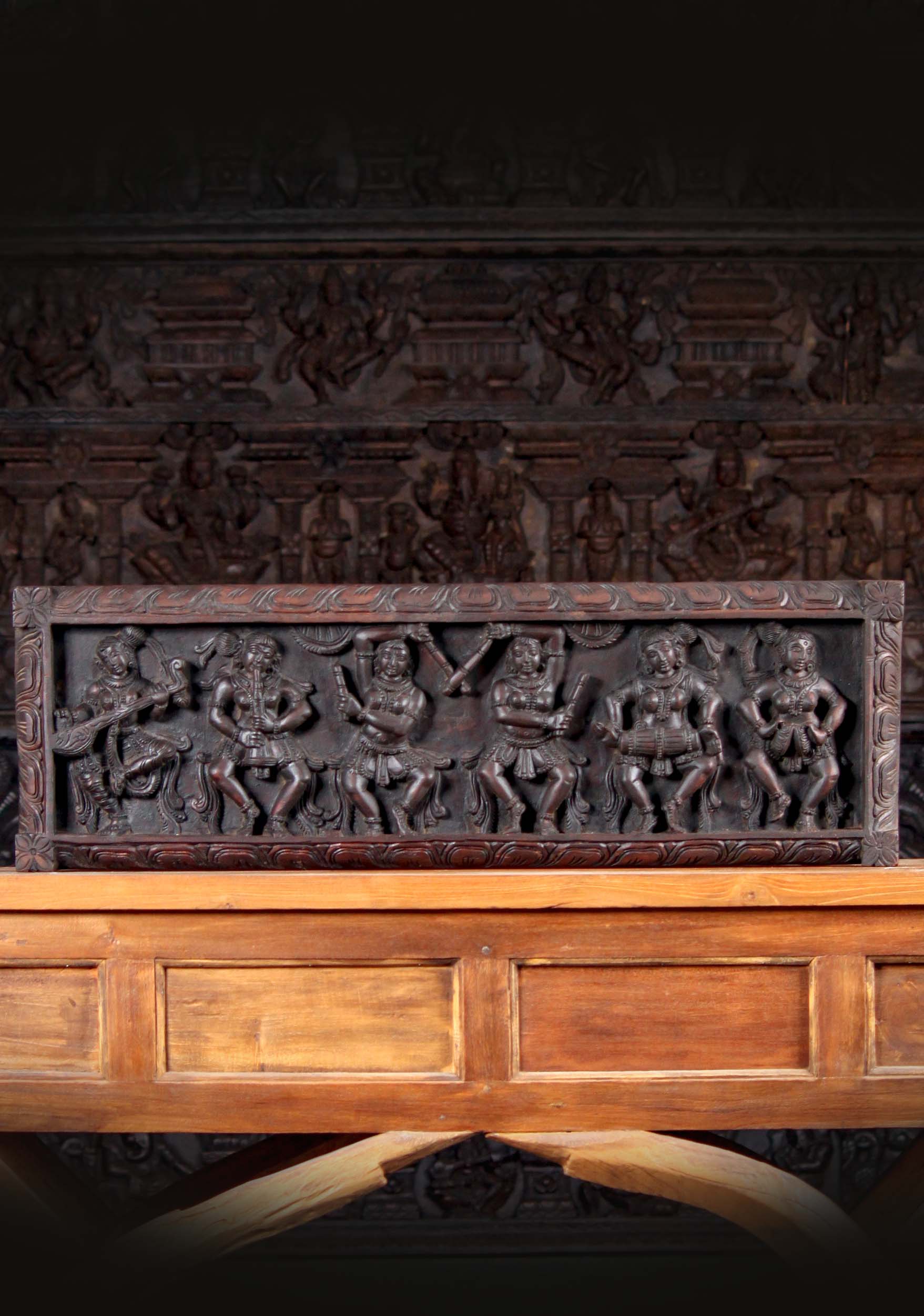 Horizontal Wood Panel Carving of 6 Musical Basava Temple Dancers Sculpture 36"x12"