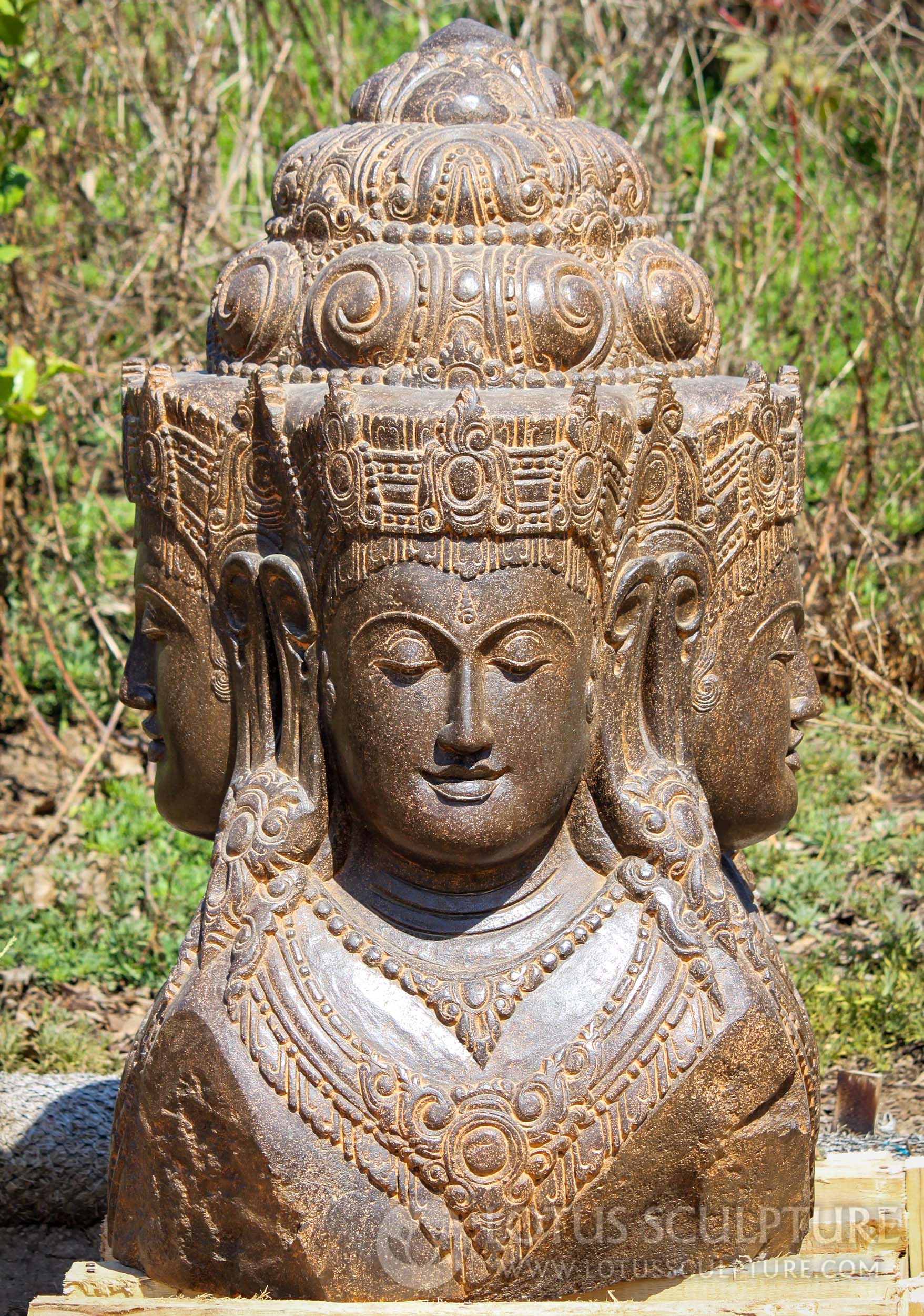 Large Saffron Hand Carved Lava Stone Four Faced Lord Brahma Sculpture 38"