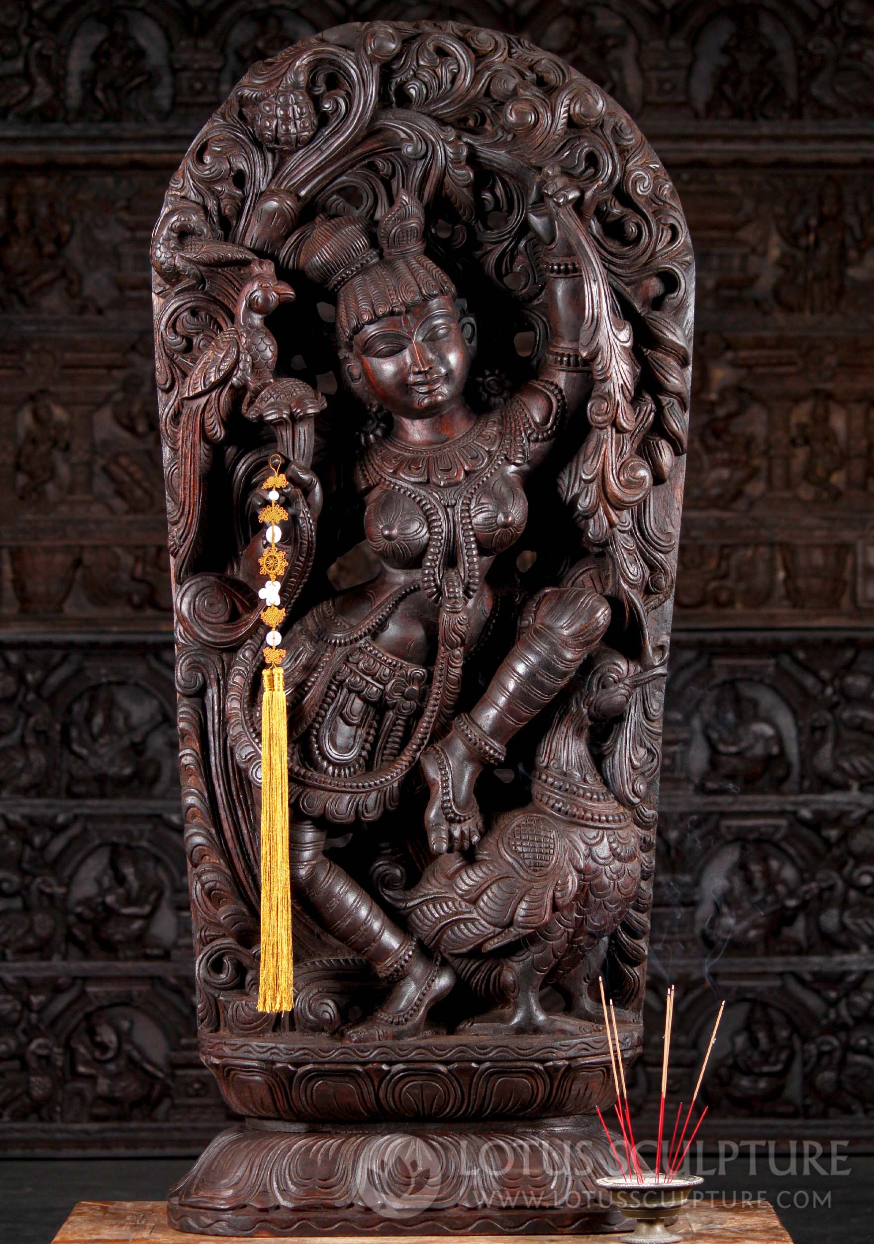 Dark Neem Wood Dancing Devi Under Lush Canopy with Parrots and Peacock 48"