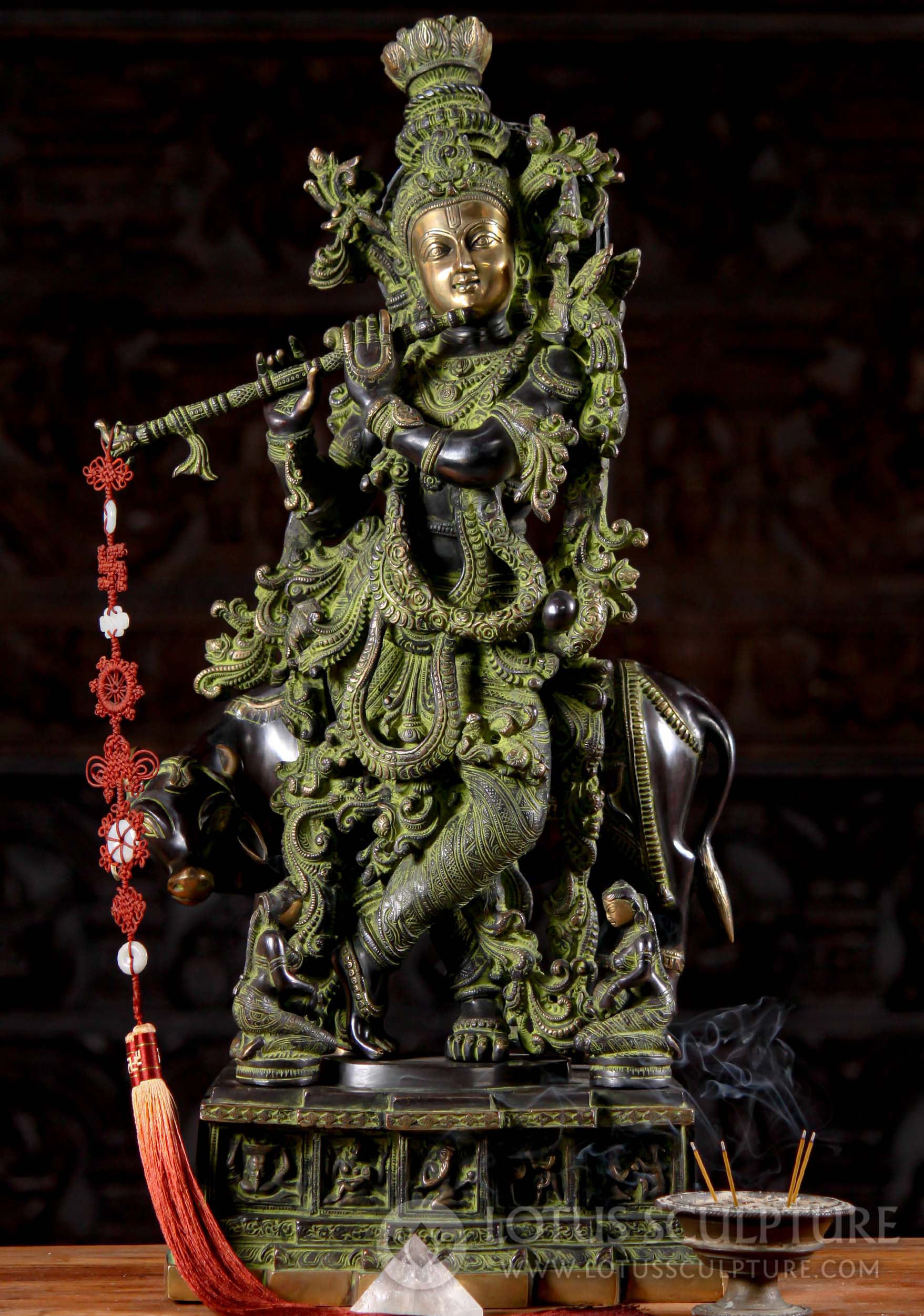 Highly Detailed Brass Standing Gopal Krishna Statue Playing Flute with Cow 28"