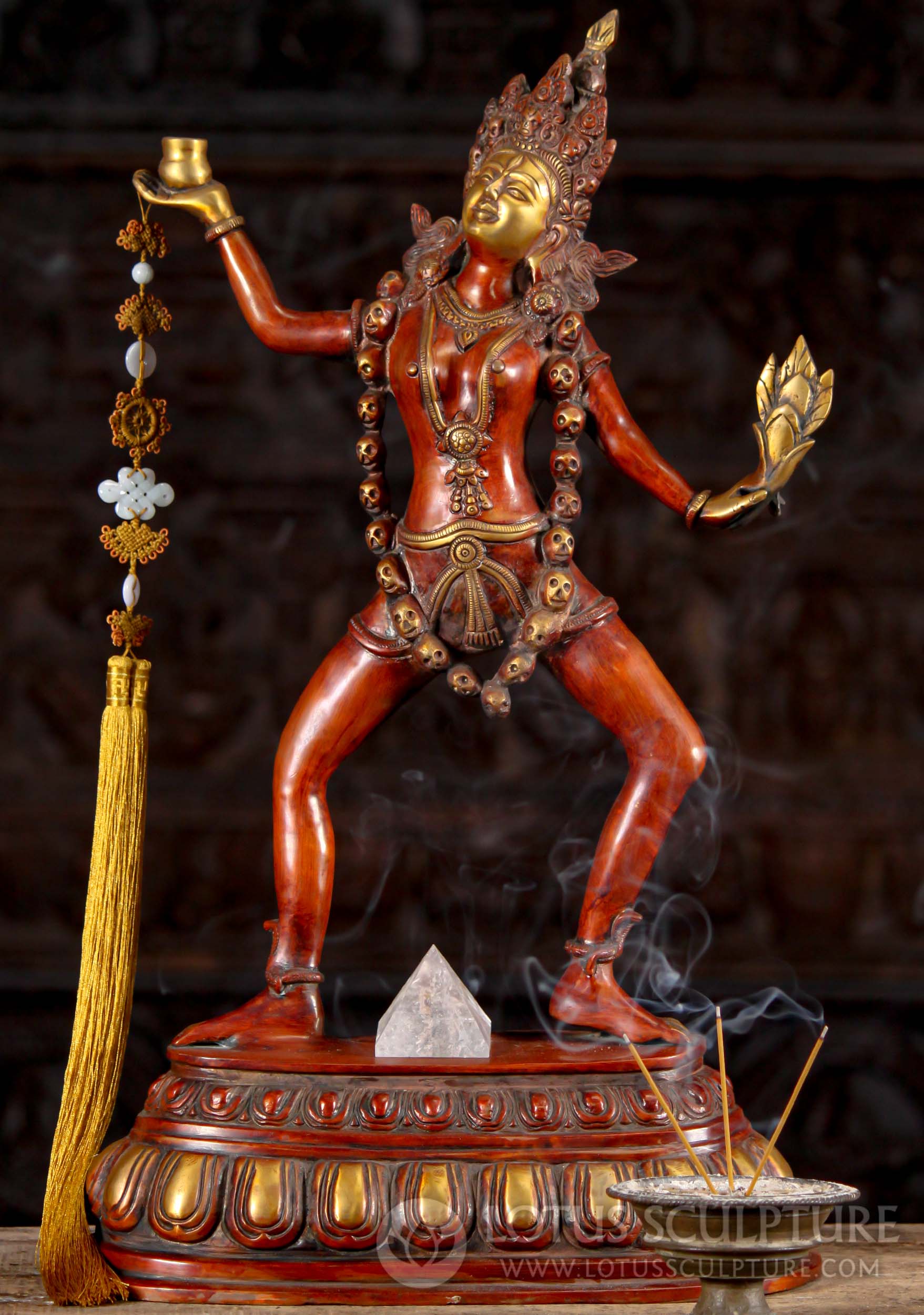 Brass Sculpture of the Hindu Goddess Kali Dancing Wearing a Crown & Garland  of Skulls 23 (#89bs42z): Hindu Gods & Buddha Statues