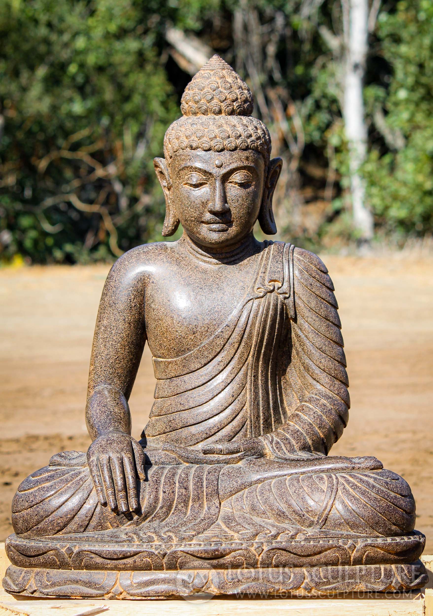 Lava Stone Hand Carved Saffron Colored Buddha Sculpture Seated in Earth Touching Mudra 32"