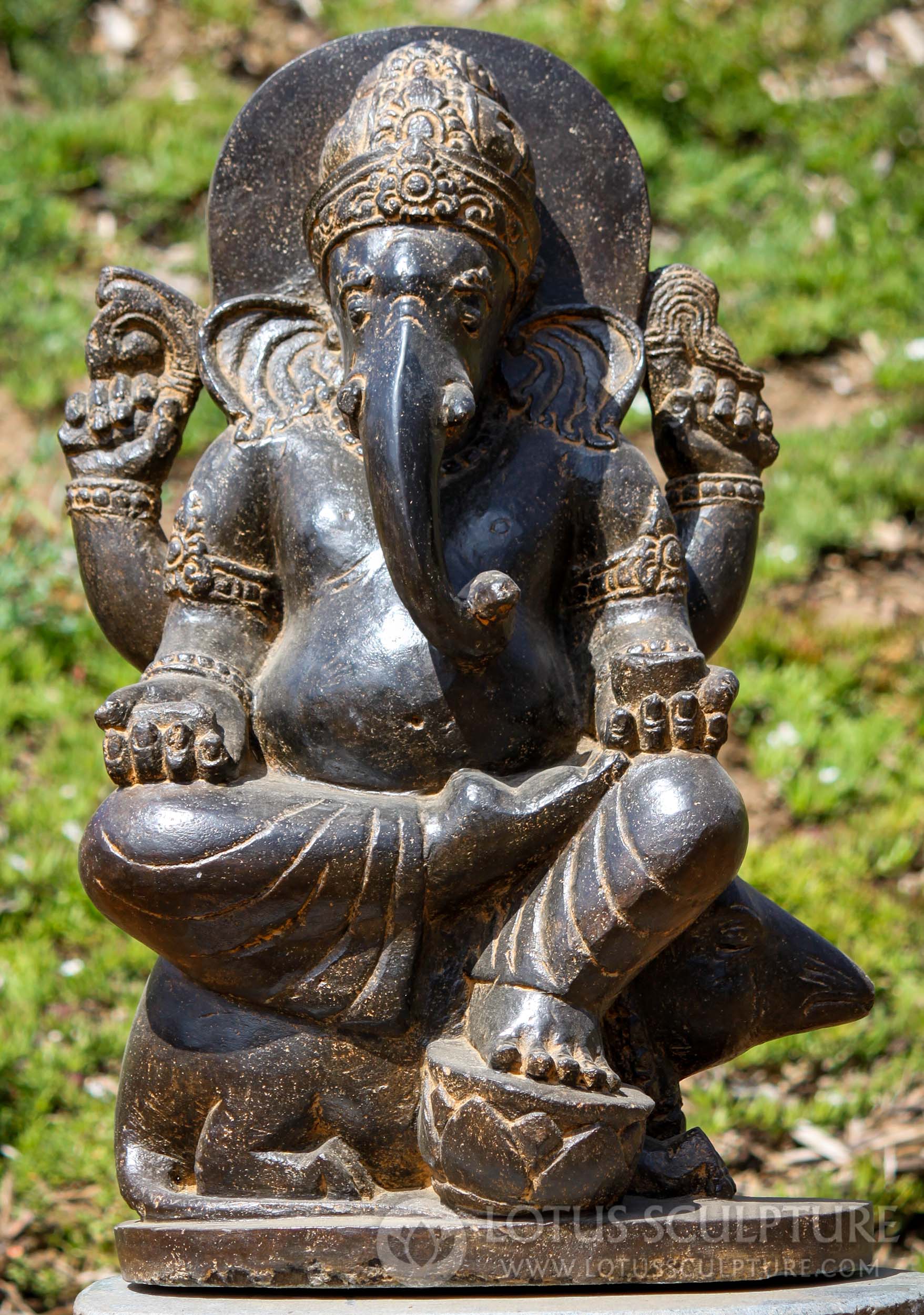 Saffron Hand Carved Lava Stone Garden Ganesh on Rat with Foot resting on Lotus Flower 24"