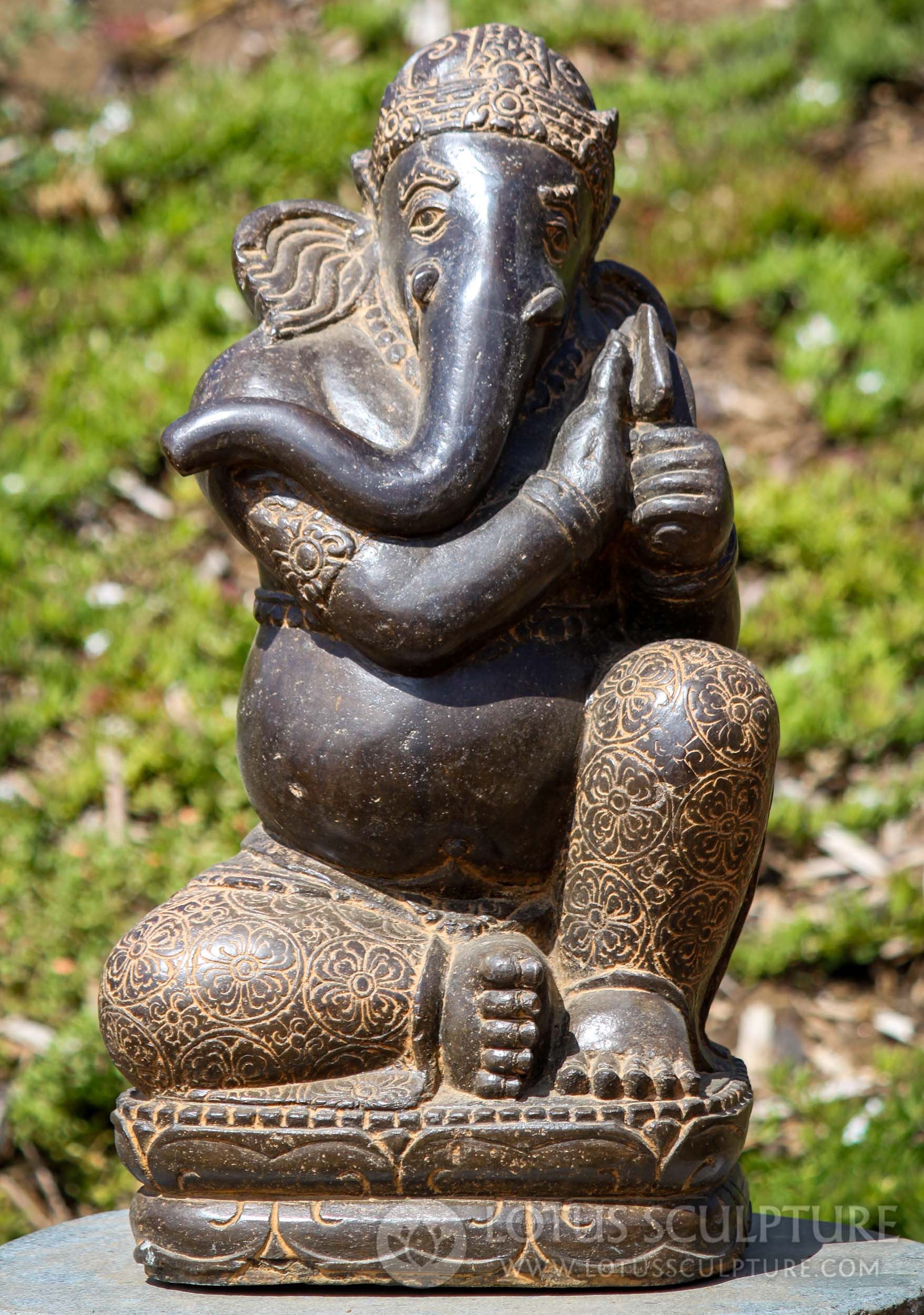 Hand Carved Stone Garden Ganesh Seated in Relaxed Position on Lotus Base 21"