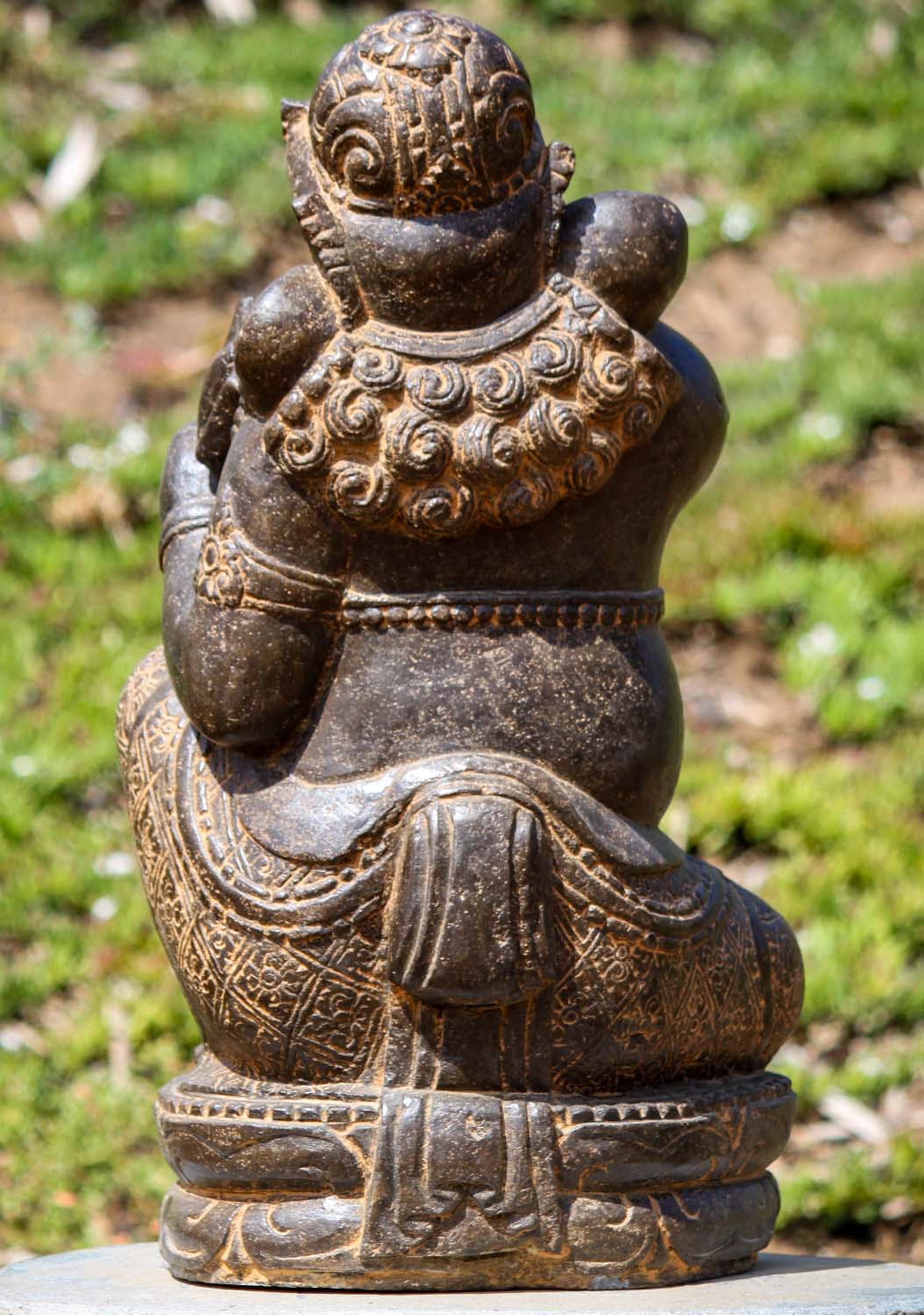 Hand Carved Stone Garden Ganesh Seated in Relaxed Position on Lotus Base 21"