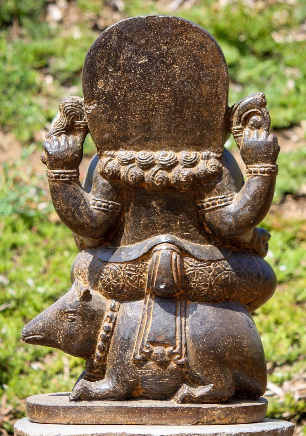 Saffron Hand Carved Lava Stone Garden Ganesh on Rat with Foot resting on Lotus Flower 24"
