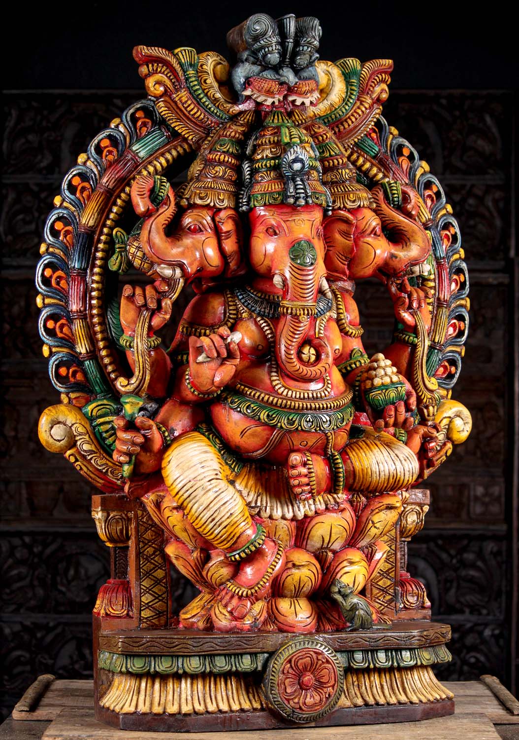 Wooden 3 Headed Tri Muhkthi Ganapathi 3 Headed Ganesha "Remover of Obstacles" 47"