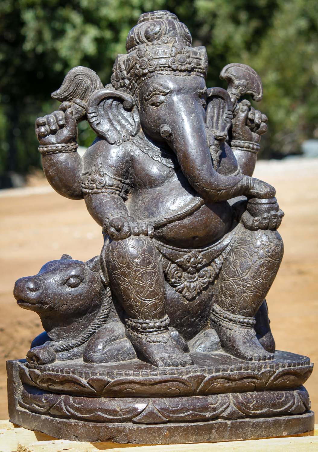 Lava Stone Hindu God Ganesha Seated on Shiva's Vehicle Nandi Garden Sculpture 31"