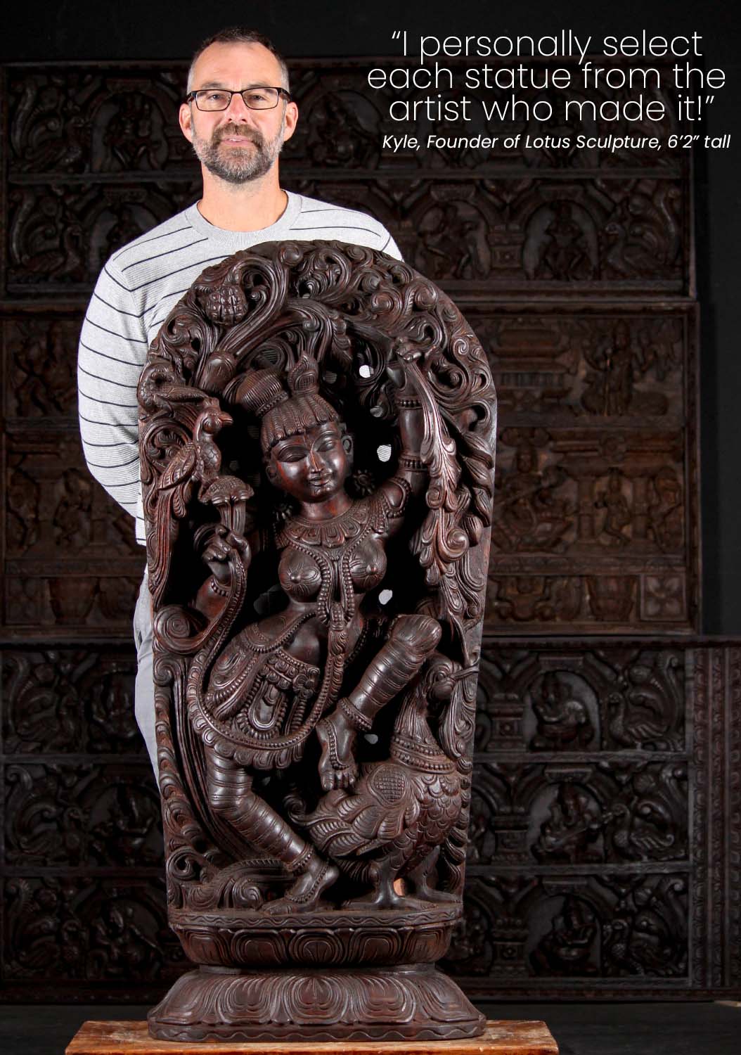 Dark Neem Wood Dancing Devi Under Lush Canopy with Parrots and Peacock 48"