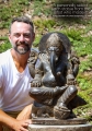 Saffron Hand Carved Lava Stone Garden Ganesh on Rat with Foot resting on Lotus Flower 24"