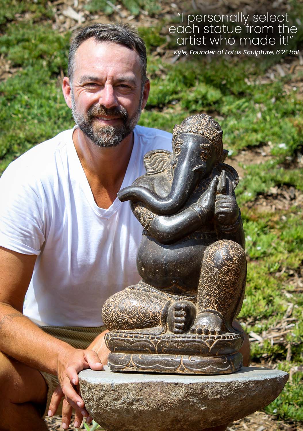Hand Carved Stone Garden Ganesh Seated in Relaxed Position on Lotus Base 21"
