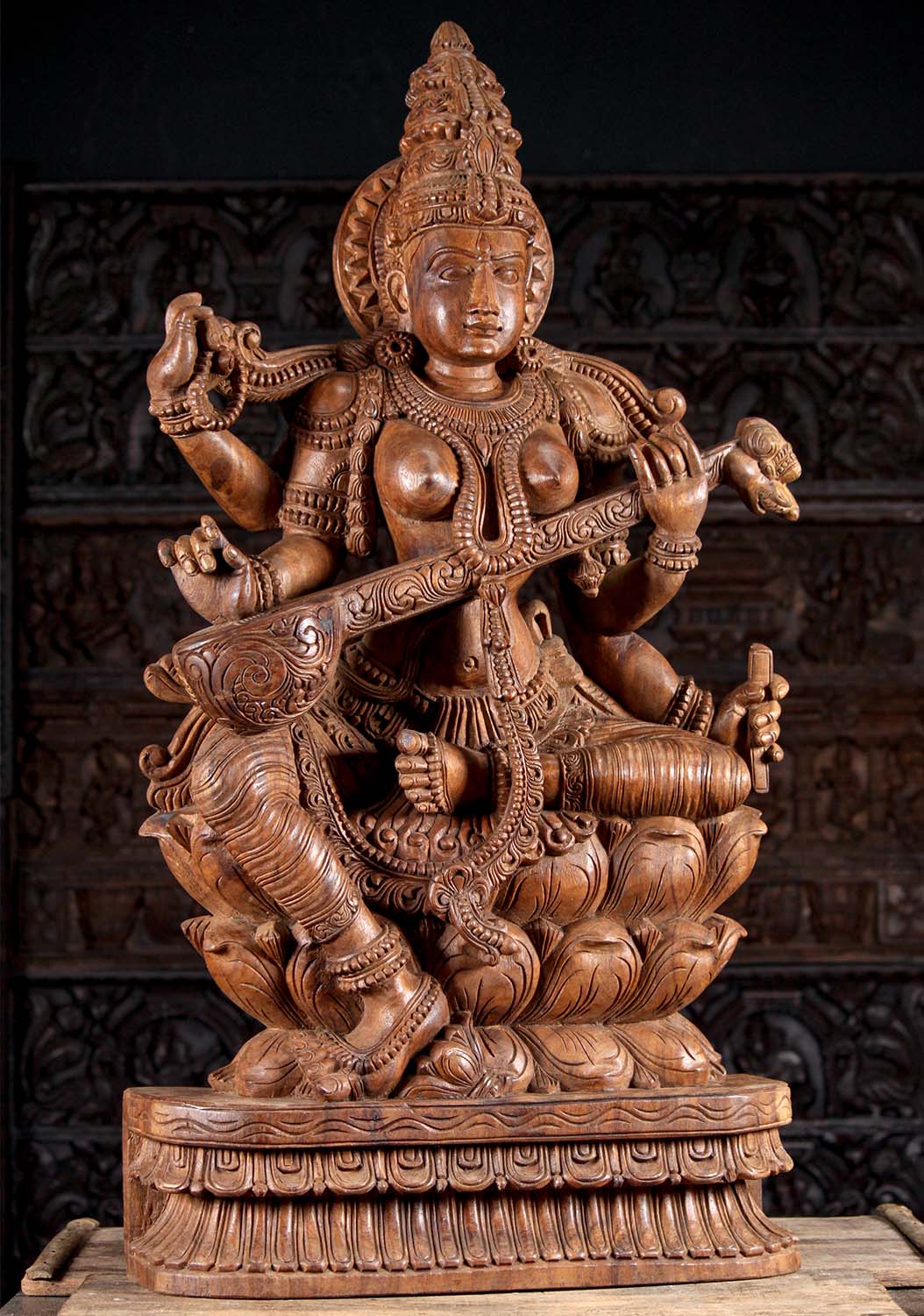Hand Carved Wooden Hindu Goddess of Wisdom Saraswati Sculpture Playing the Veena 48"