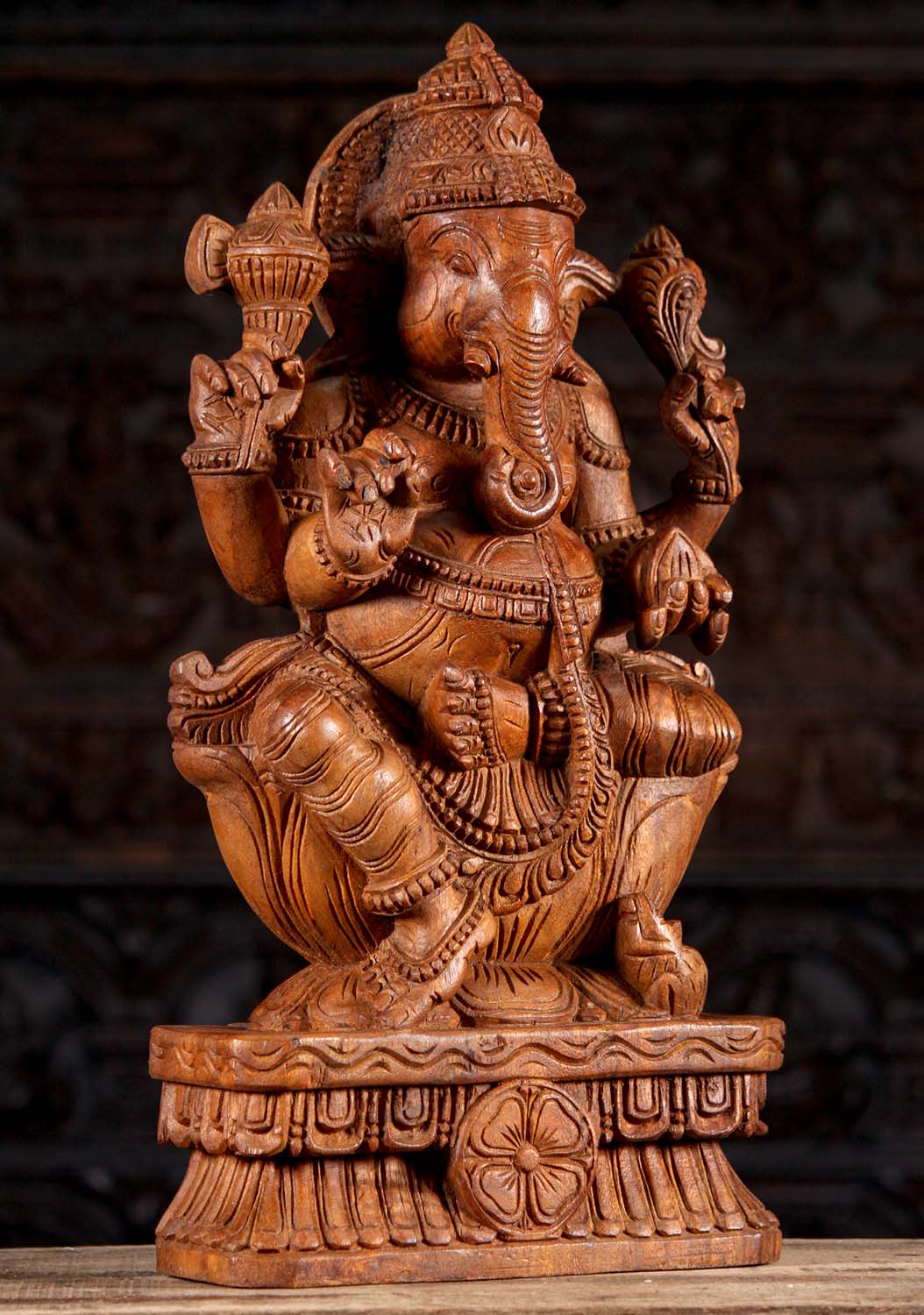 Seated Hand Carved Neem Wood Ganesha Sculpture with Rat Holding Broken Tusk 24"