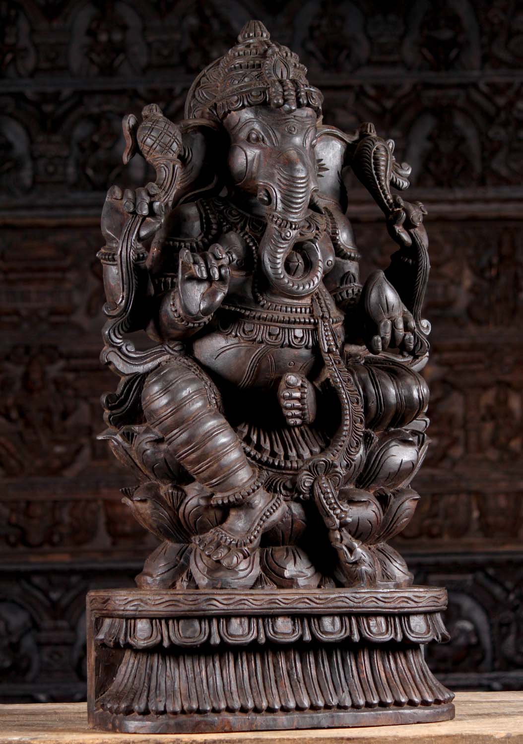 Dark Wooden Hindu God Ganesha Seated on Triple Lotus Base with Rat Sculpture 36"