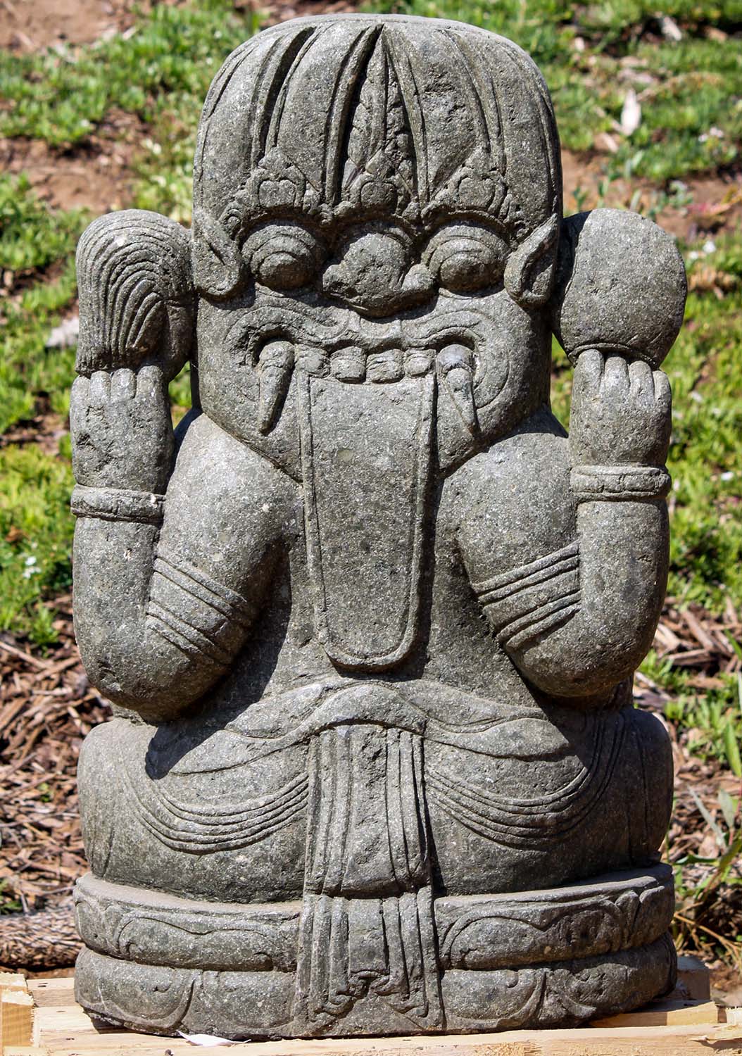Hand Carved Stone Seated Ganesh With Trunk in Hand Garden Statue 31"