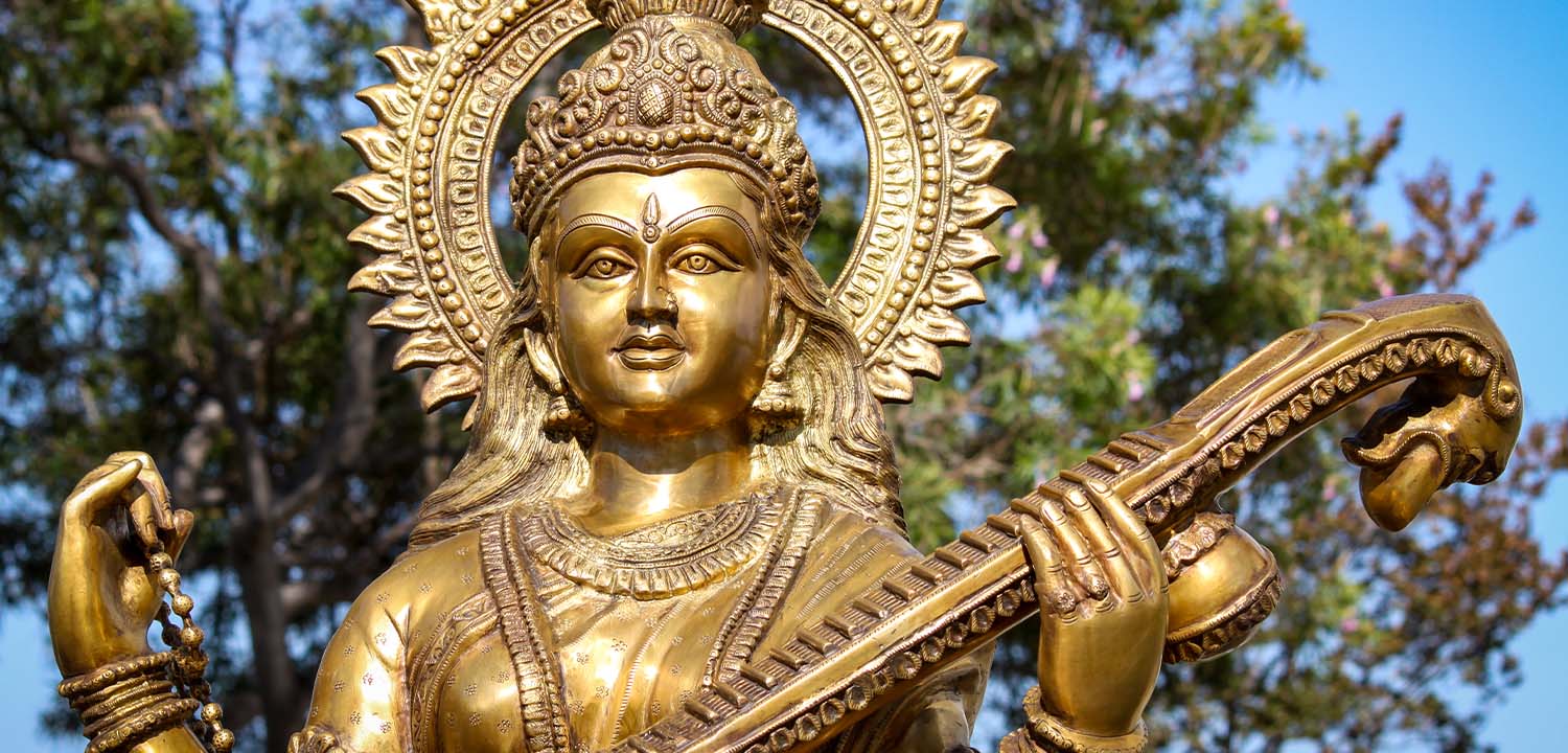 Brass Large Saraswati Statue Seated In Lalitasana On Large Lotus Base Playing Veena 53 