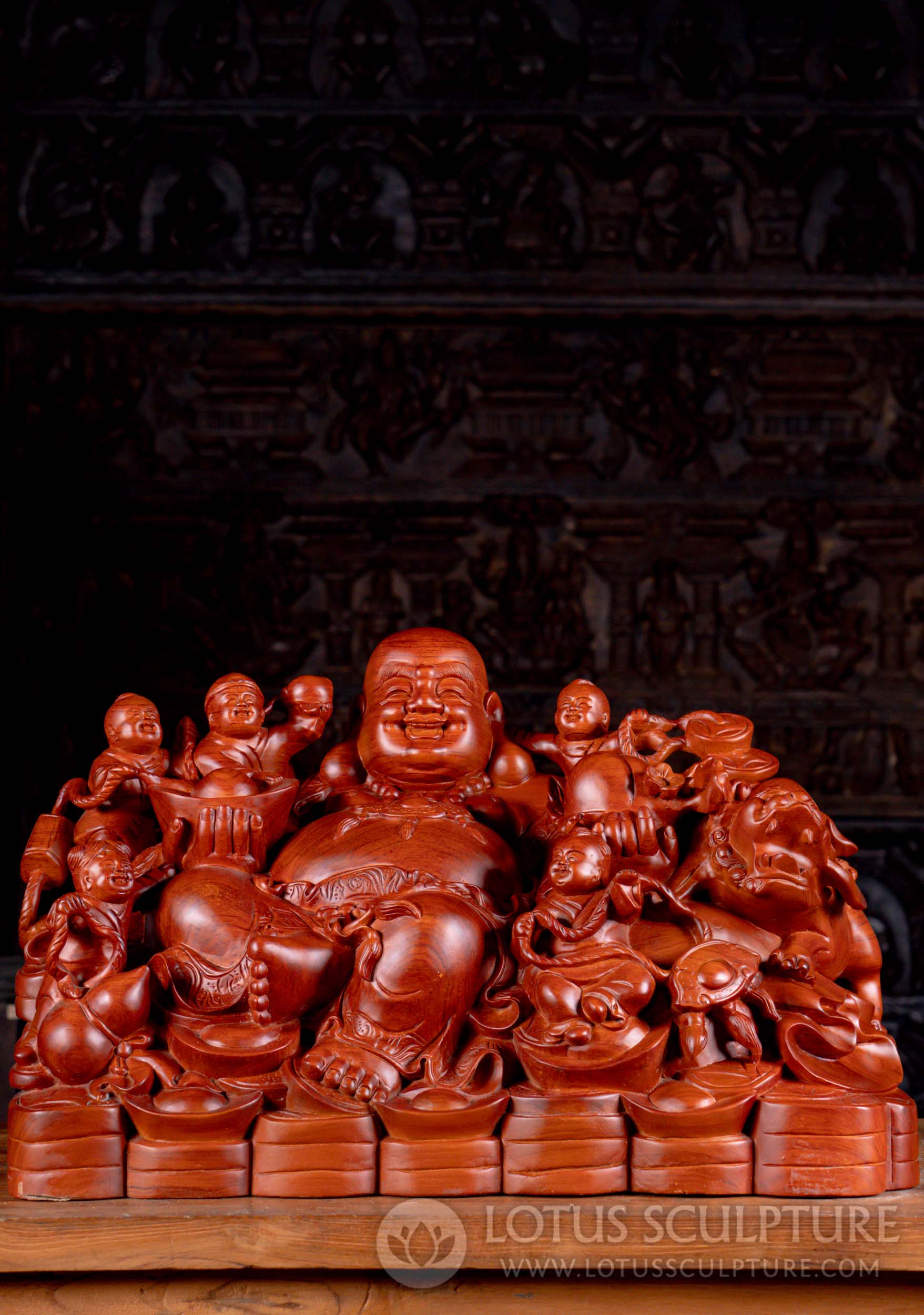 Wooden Buddha of Wealth Fat & Happy Sculpture with Children & Foo Dog 24"