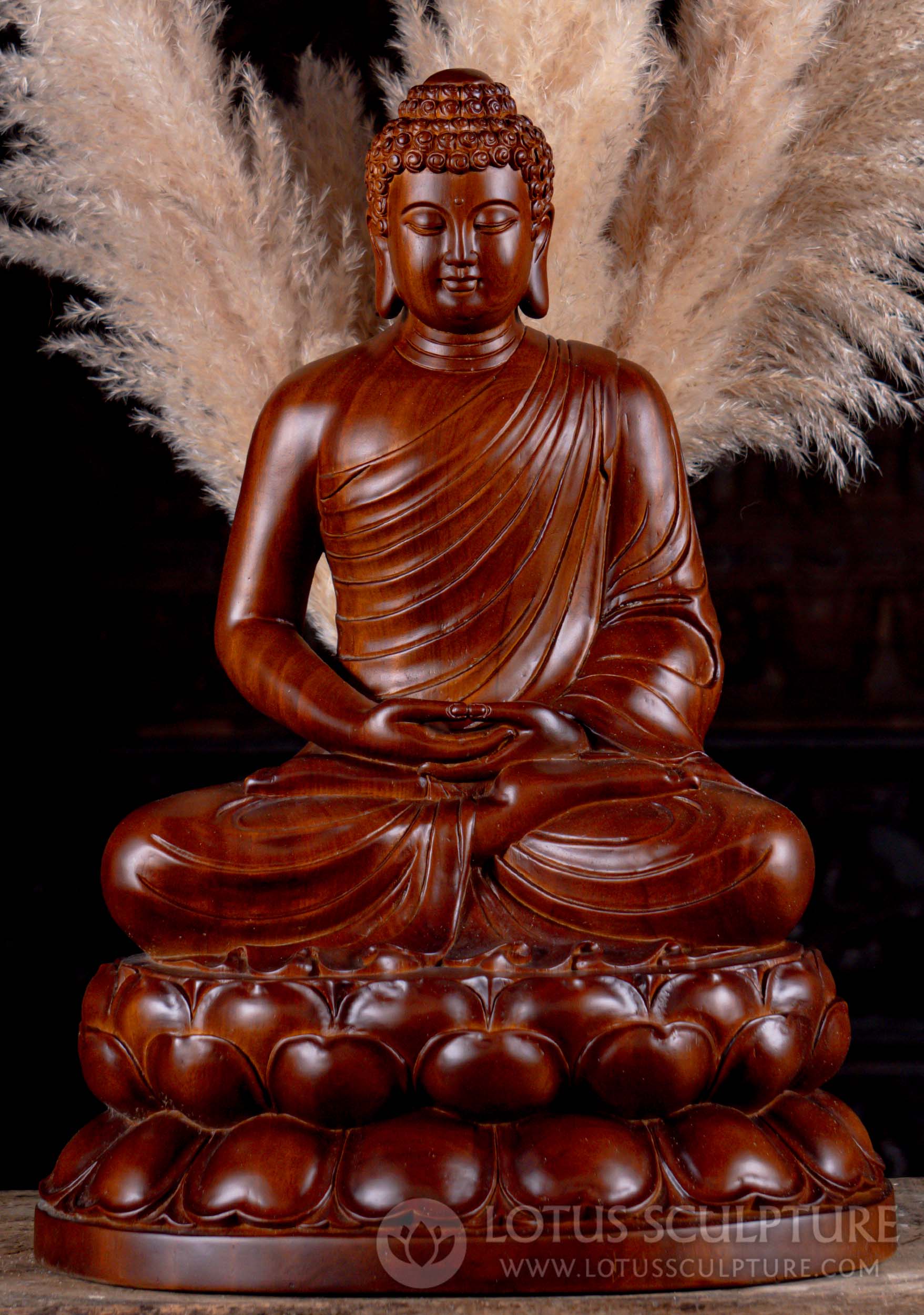 Hand Carved Wood Buddha Sculpture Seated in Full Lotus Pose in Dhyana Mudra of Meditation 20"